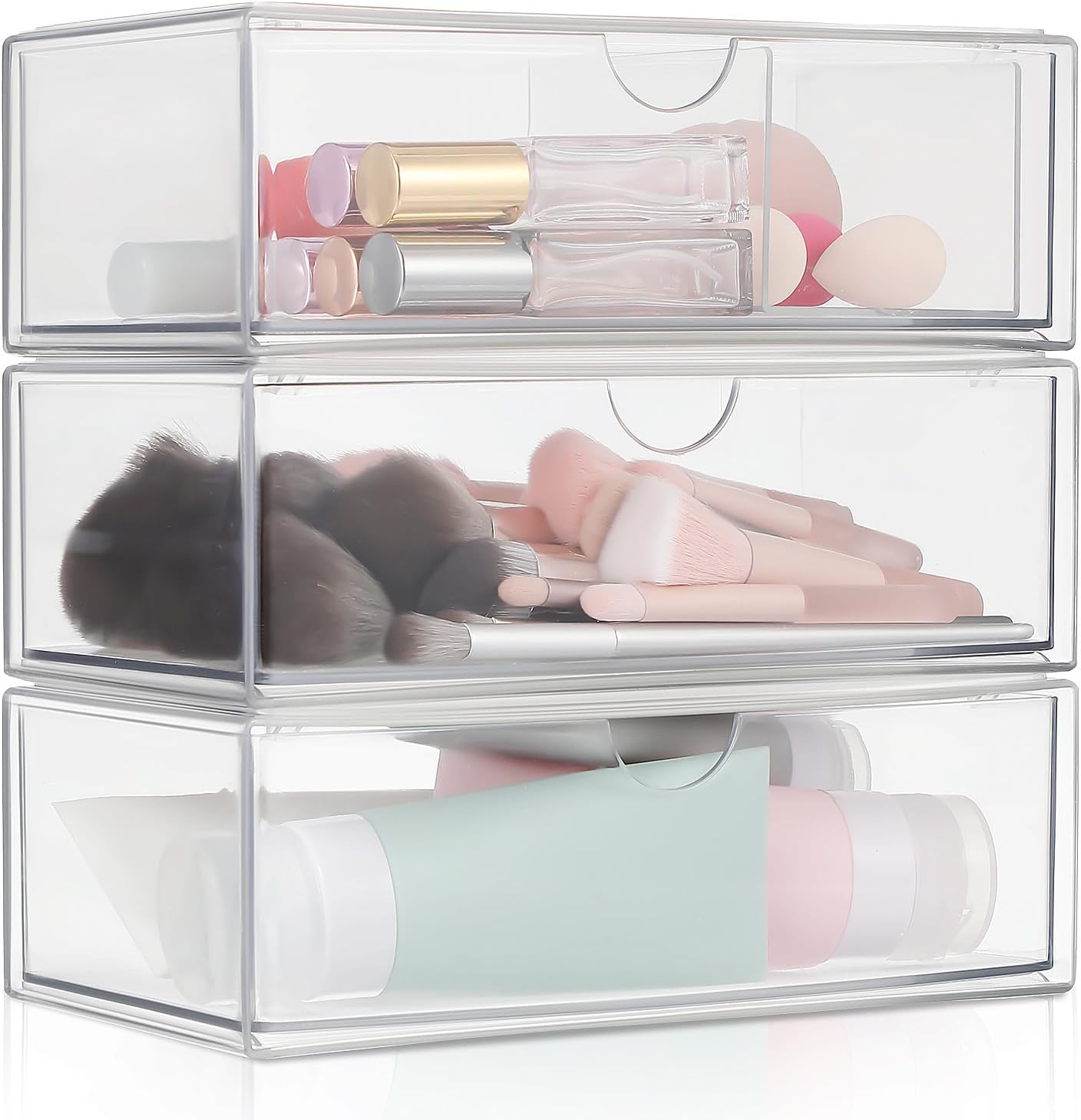 3pcs Makeup Storage Box with Lid, Divided Lipstick and Brush Organizer for Vanity Dresser, Rectangle Cosmetic Display Case for Tabletop Use