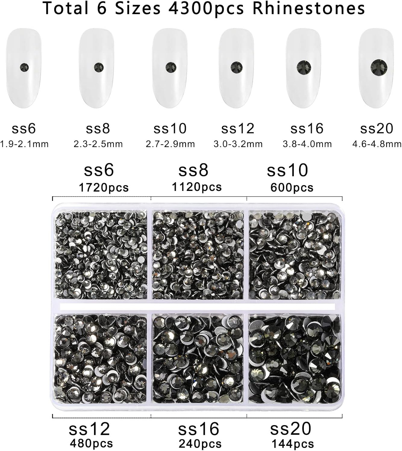 Beadsland 4300pcs Flatback Rhinestones,Gray Rhinestone Nail Gems Round Crystal Rhinestones for Crafts,Mixed 6 Sizes with Picking Tweezers and Wax Pencil Kit, SS6-SS20,Black Diamond - Image 4
