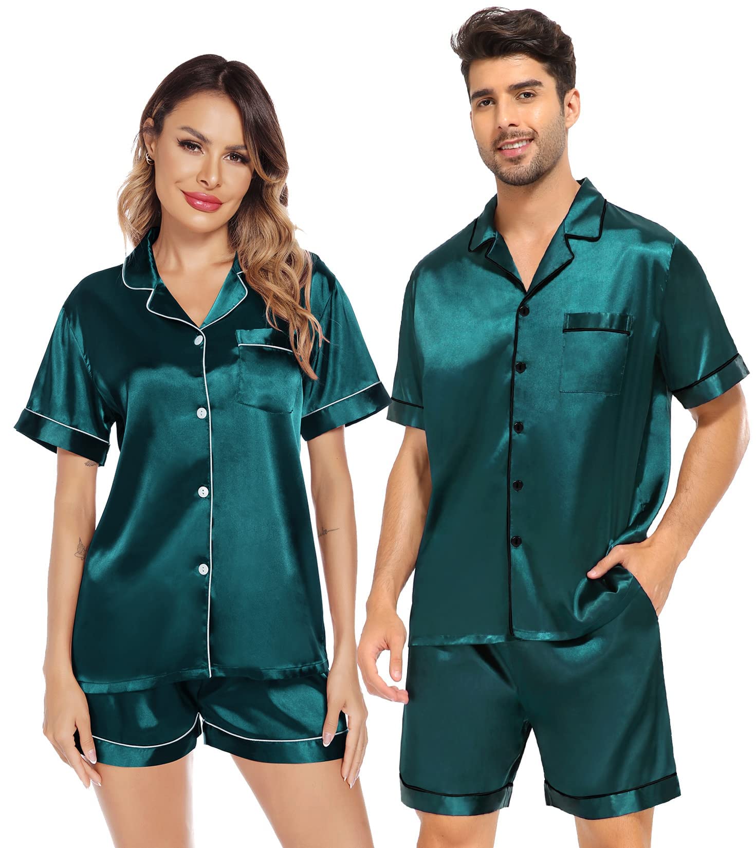 SWOMOG Satin Matching Pajamas Sets Couple Silk Button Down Nightwear Women &amp; Men Short Sleeve Sleepwear 2 Pieces Loungewear