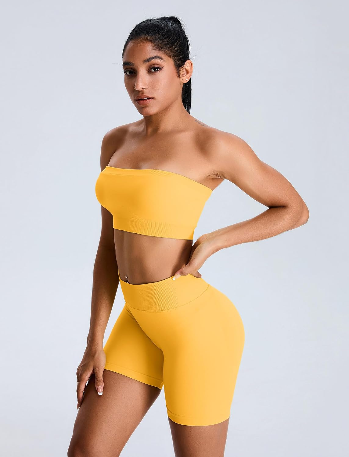 ABOCIW Womens Workout Sets Seamless High Waist Scrunch Butt Shorts Removeable Strap Bandeau Sports Bra Gym Set