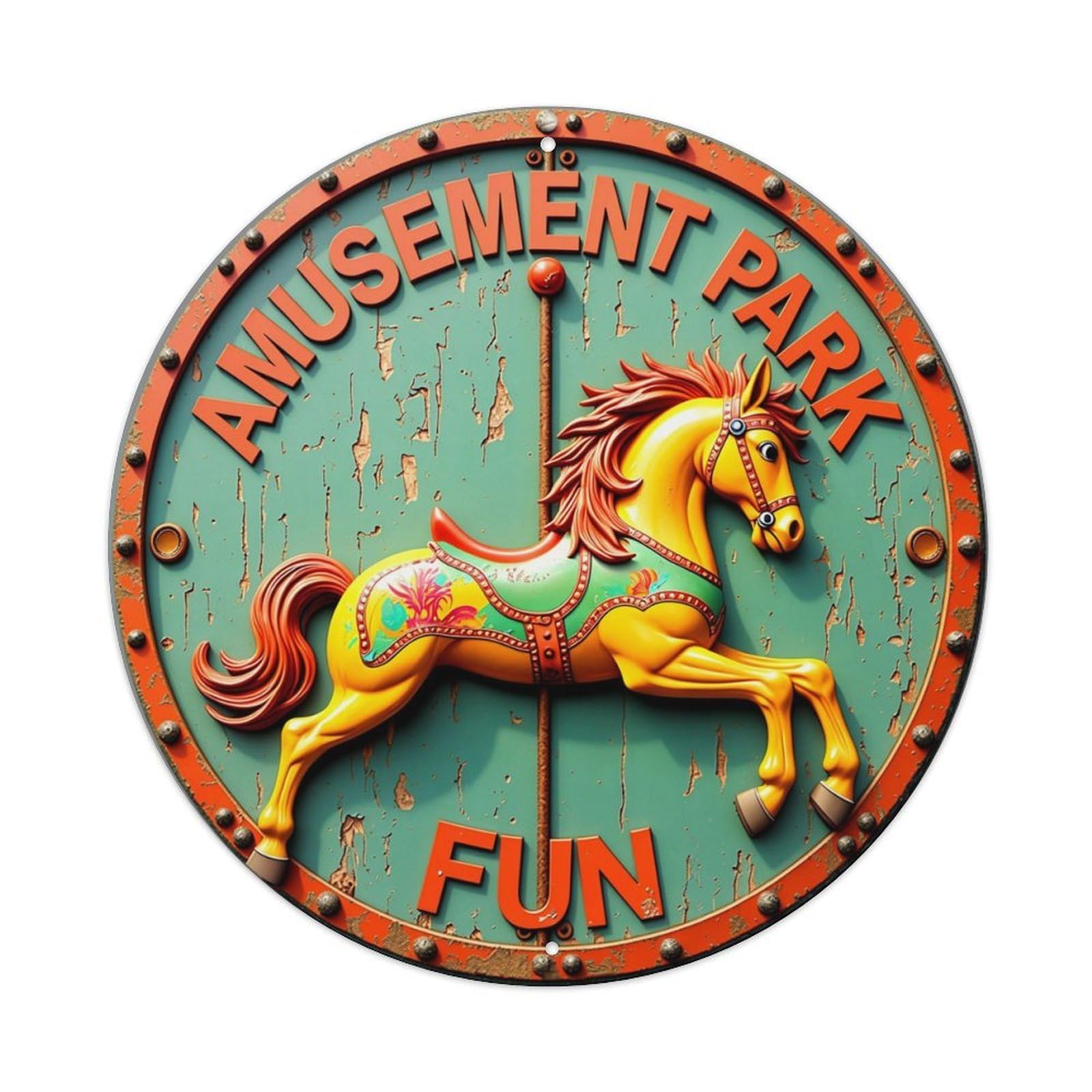 Amusement Park Fun Horse Sign Retro Metal Sign Round Tin Sign, Vintage Decor Art Poster for Bar, Home, Man Cave, Kitchen, Laundry Room Gift 8x8Inch