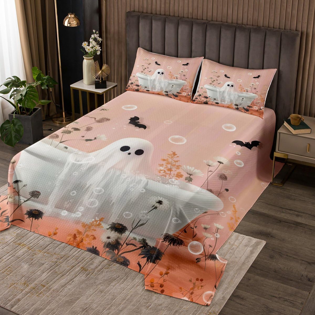 Erosebridal Halloween Decor Coverlet Set Twin Size Funny Ghost Bedspread Sets for Boys Black Bat Quilt Set Rustic Flower Pink Bedding Sets for Teens Adult Girls Bedroom