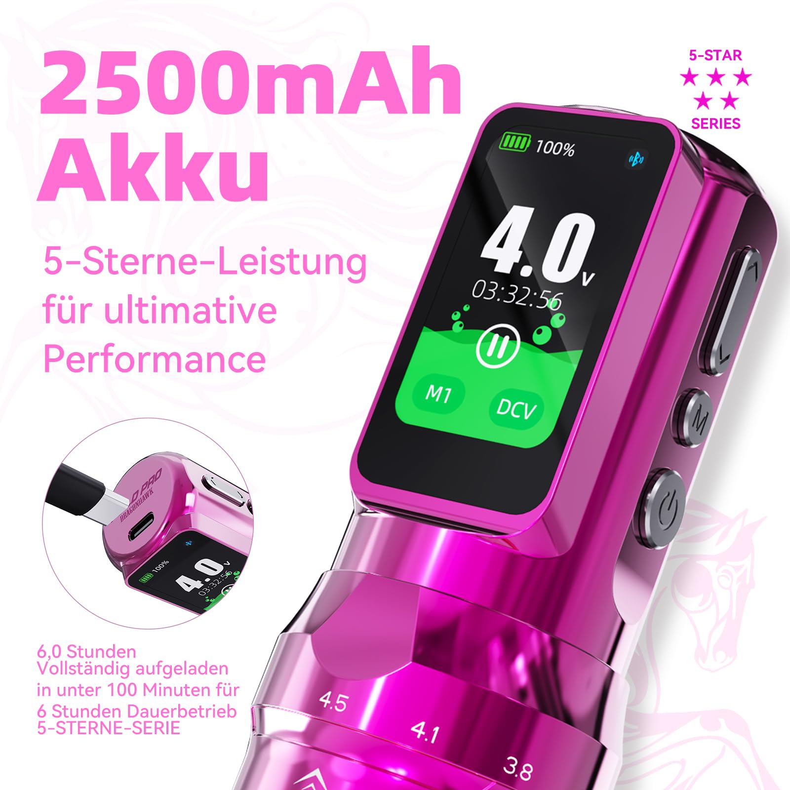 Dragonhawk Fold Pro Kabellose Tätowiermaschine, 2,5–4,5 mm Hublänge, Year of The Horse Edition, mit 2 Akkus Für Professionelle Tätowierer Rosa