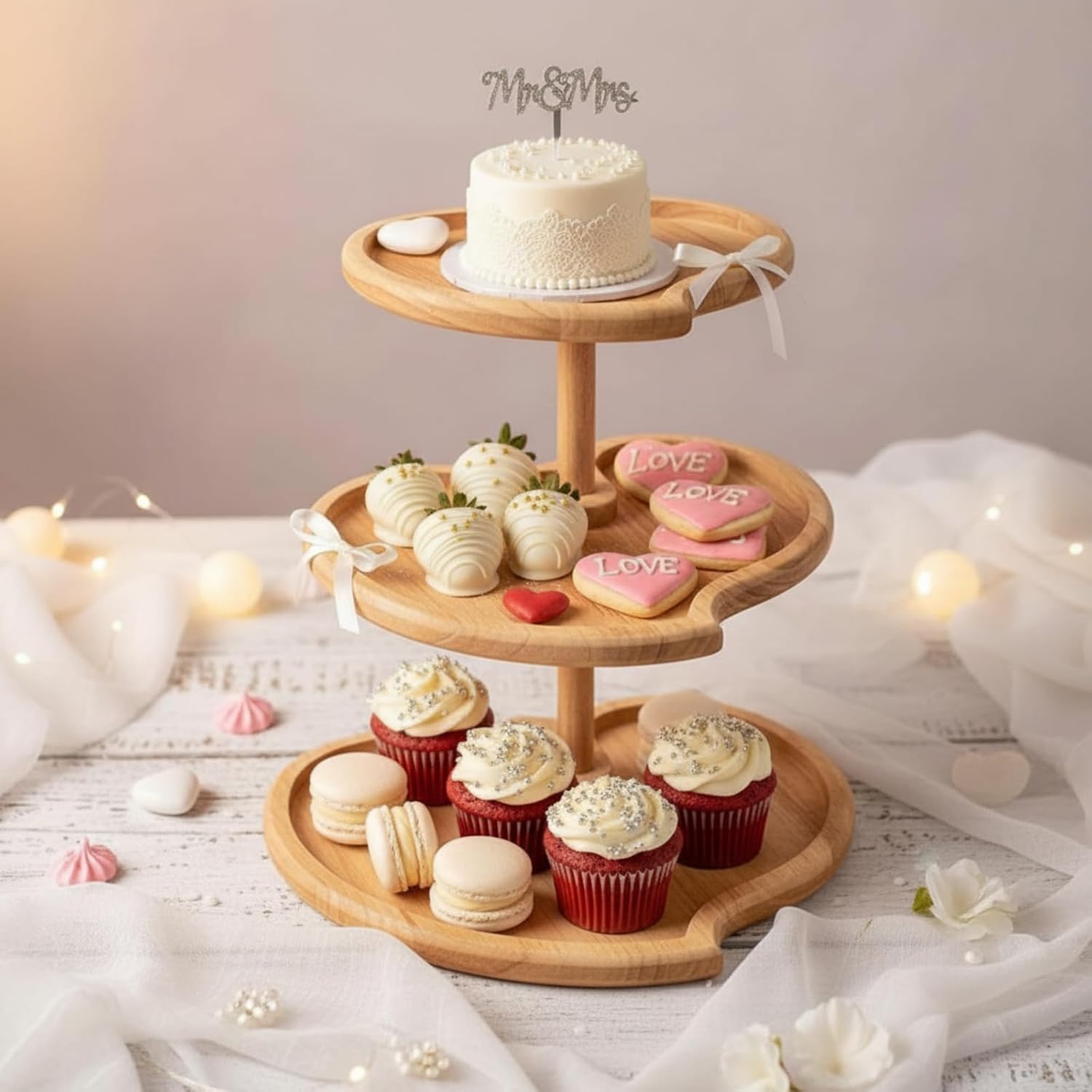 Wenqik 2 Pcs Cupcake Stand 3 Tier Wooden Cupcake Stand Heart Shaped 3 Tiered Serving Trays Rustic Farmhouse Dessert Display Tower for Wedding Birthday Tea Party Mother's Day Graduation
