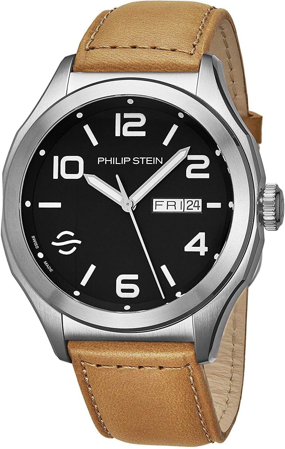 Philip Stein Prestige Day Date Mens Automatic Watch - Analog Black Face with Luminous Hands and Numbers Brown Leather Band - Natural Frequency Technology Provides More Energy and Better Sleep