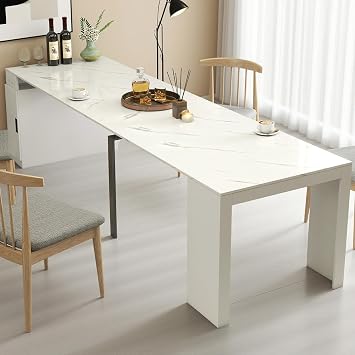 24- 118 Extendable Dining Room Table, Expandable Dining Table, Modern Large Table, for 2-12 Personwith Cabinet & Outlet, White Marble