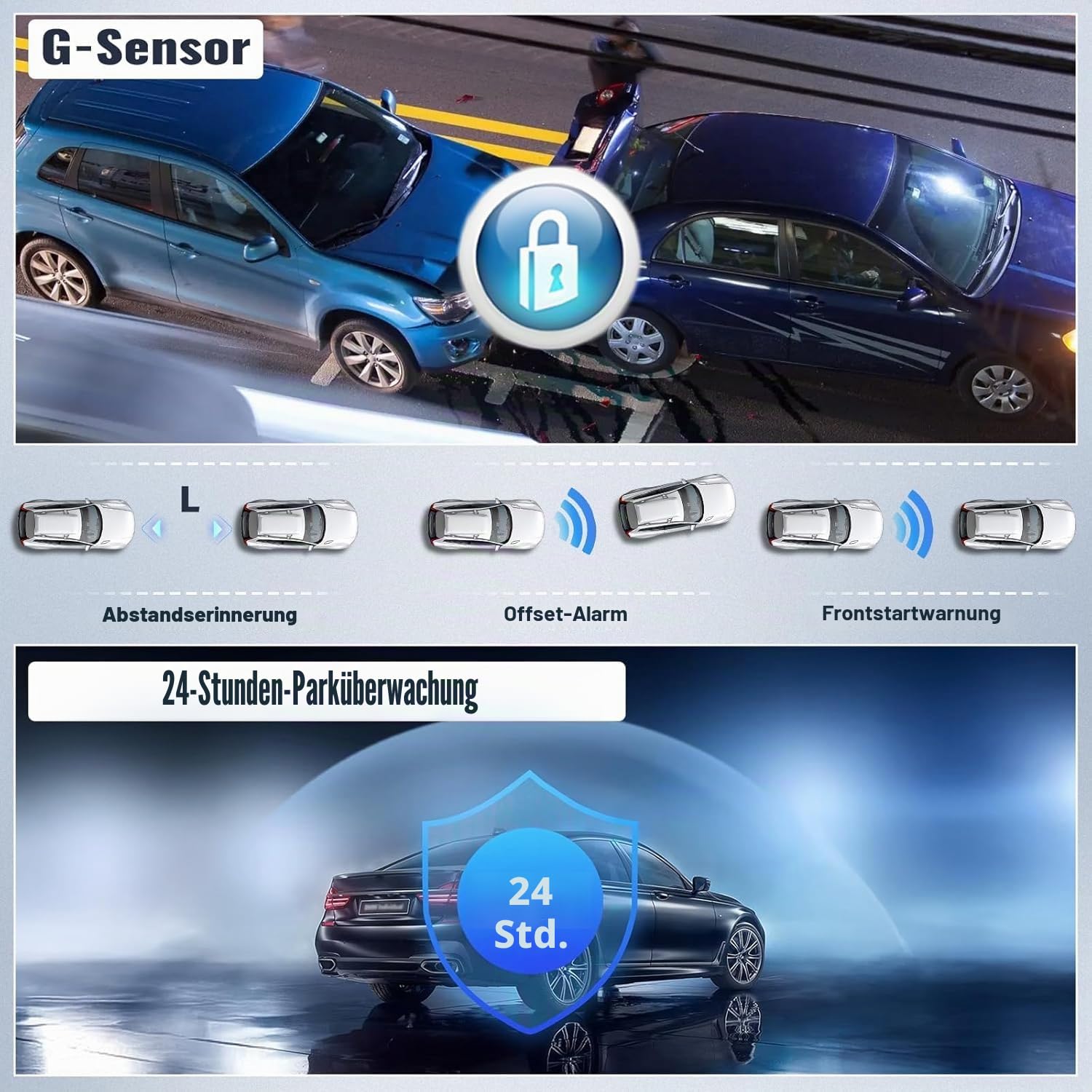 1080P WiFi Dashcam für Auto mit App, 3 Zoll Frontkamera, 24h Parküberwachung, Nachtsicht, G-Sensor, Loop-Aufnahme, klappbar & spiegelbar, inkl. 64GB Karte, für iOS/Android