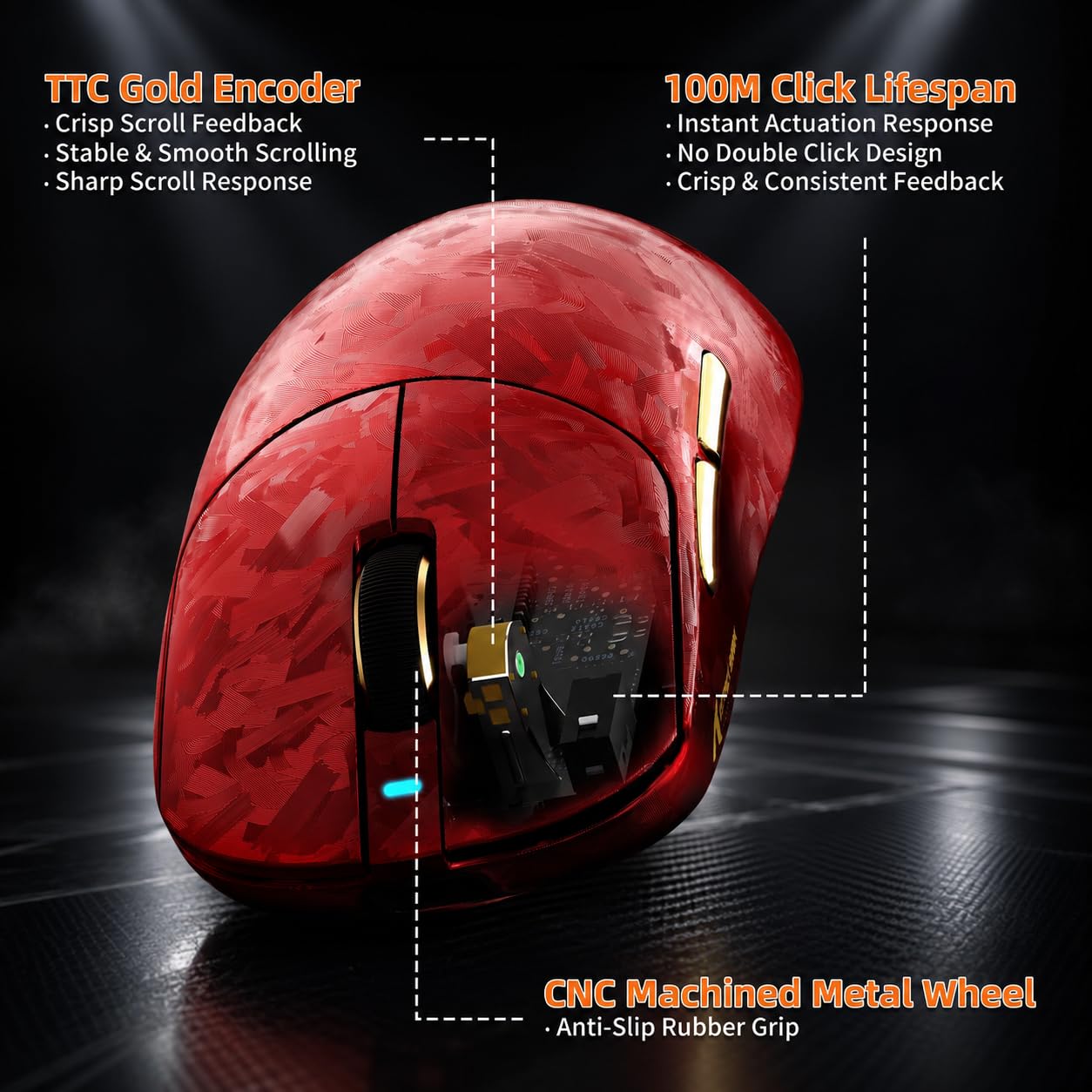 ATTACK SHARK RS3 Ultra Mouse Gaming Fibra Carbonio &Cavo C06Ultra-Rosso B | Doppio Tasso di Polling 8000 Hz, Sensore PAW3955MAX, MCU Nordic 54L15, Fino A 52.000 DPI, 20.000 FPS, Ultraleggera 63g