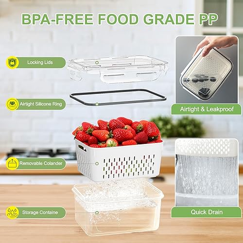 Miniatura 4 de Paquete de 6 recipientes de frutas para refrigerador, recipientes de almacenamiento de frutas para refrigerador con coladores extraíbles, aptos