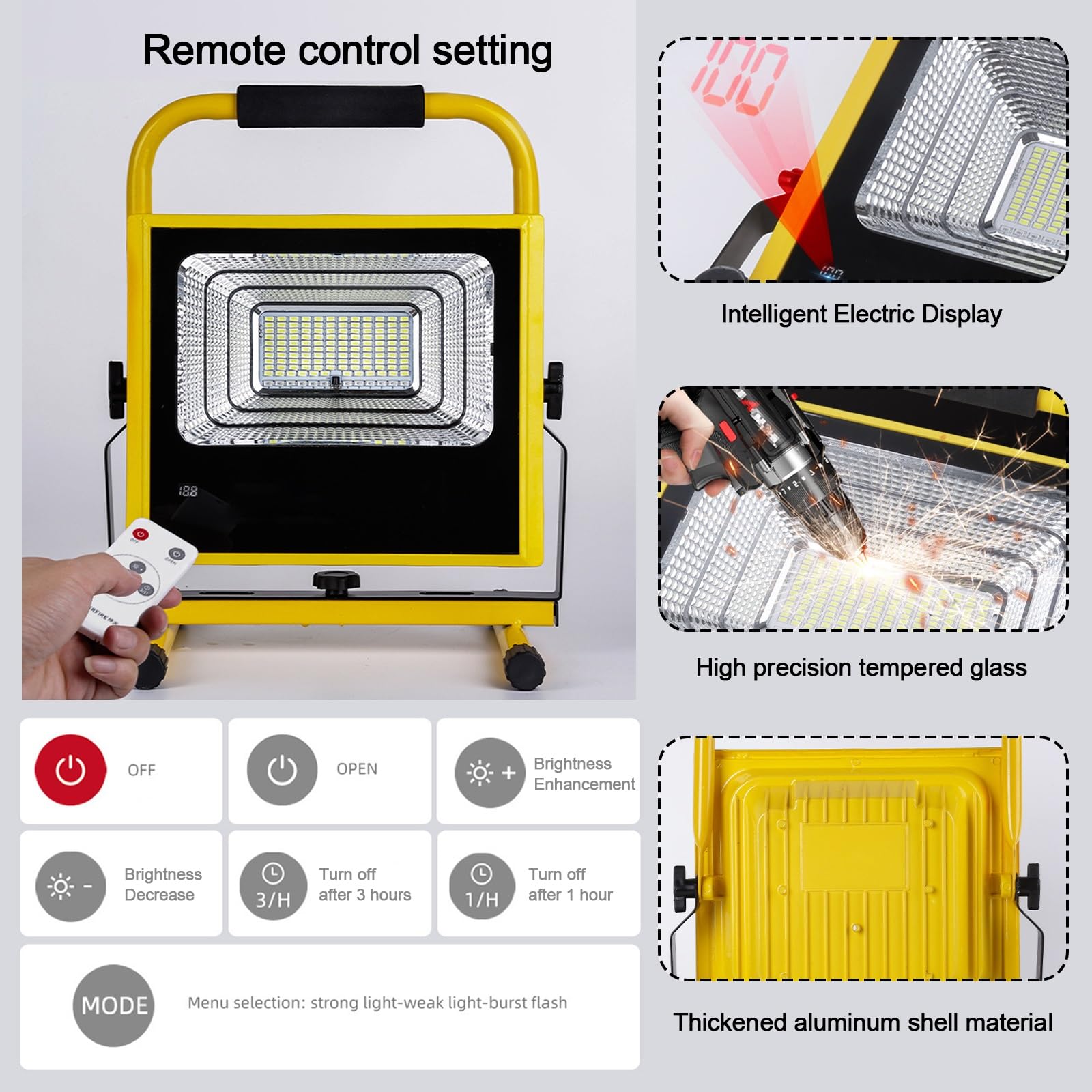 Lampe de Travail a LED 60W 1040LM 8000K IP54 Lumière D'inondation Étanche Interrupteur de Luminosité Réglable Lampe de Travail Portable pour Chantier avec Cordon D'alimentation et Télécommandes