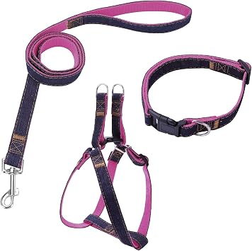 Bark Lover Dog Harness Leash and Collar Matching Sets for Small Puppy Medium Large Dogs Pets, Heavy Duty Nylon with Denim Design, Perfect Accessories for Walking Training Your DogS,Pink
