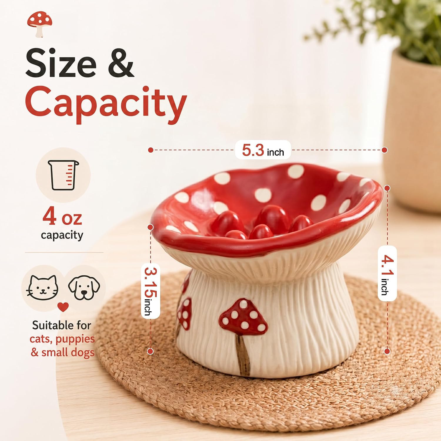 Casfuy Cute Mushroom Bumps Raised Ceramic Slow Feeder Cat & Dog Food Bowl