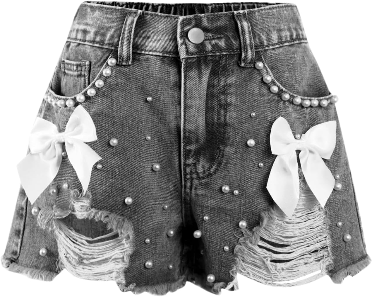 Girls Jean Shorts Pearl Bownot Ripped Distressed Cute Straight Leg Denim Shorts