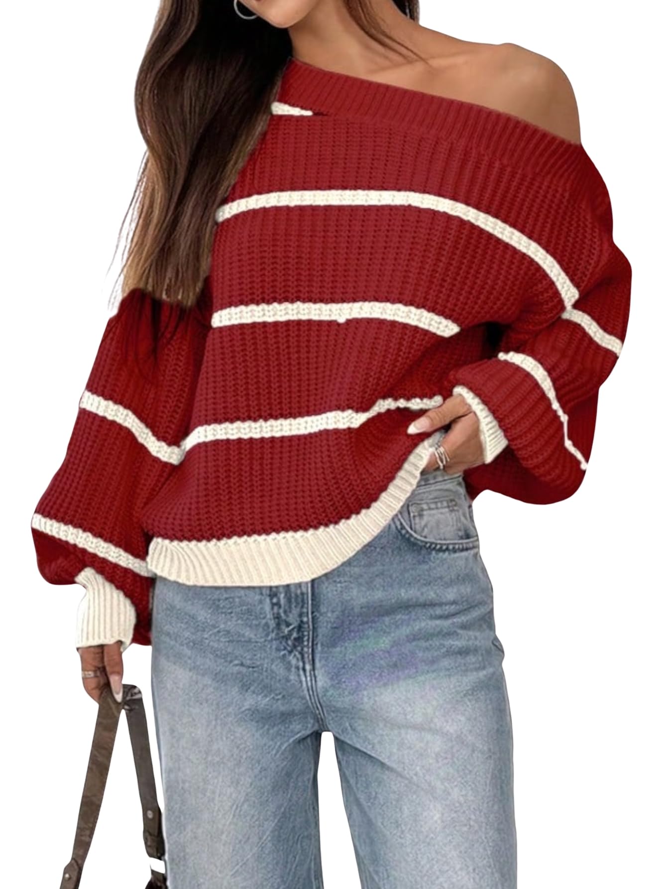 Verdusa Womens Oversized Off The Shoulder Sweater Chunky Knit Striped Long Sleeve Pullover Tops Fall Clothes