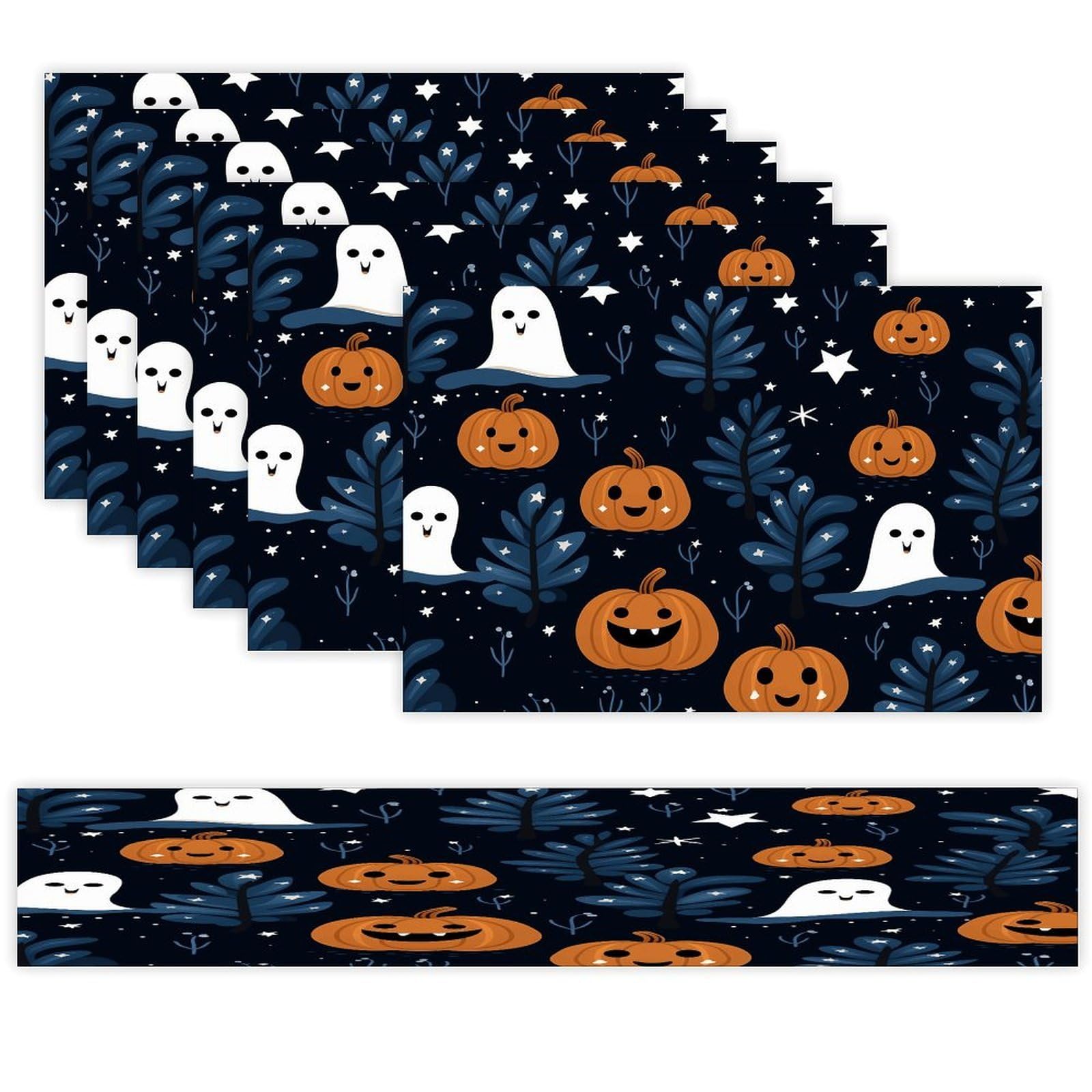 Cartoon Pumpkin Head Table Runner and Placemats Set of 6 for Kitchen Washable Table Mats Heat Resistant Place Mats Non-Slip Place Mat Wipeable Placemat(6 Placemats+1 Table Runner)