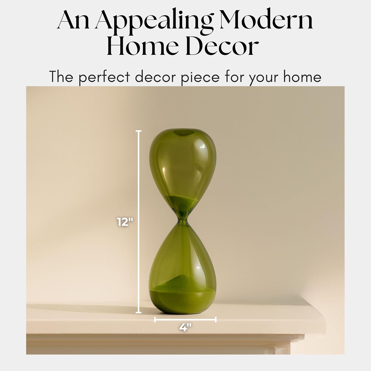 Hourglass for Home Decor – Modern Sculpture Decor, Elegant Glass Accent for Living Room, Office, or Bookshelf Display, Contemporary Sculpture for Coffee Table Styling – 12", Sage Green