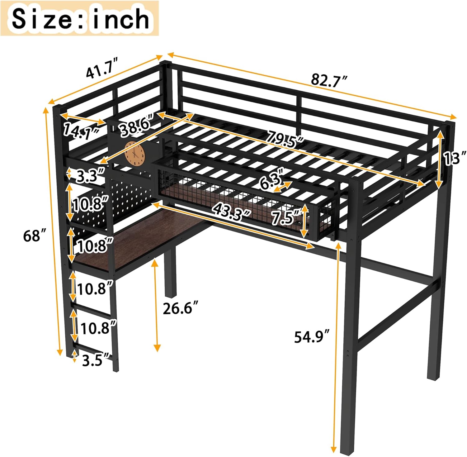 LUMISOL Metal Loft Bed with Desk and Storage Basket, Heavy Duty Loft Bedframe with Clock and Charging Port, Twin XL Size Loft Bed Frame for Adults, Black