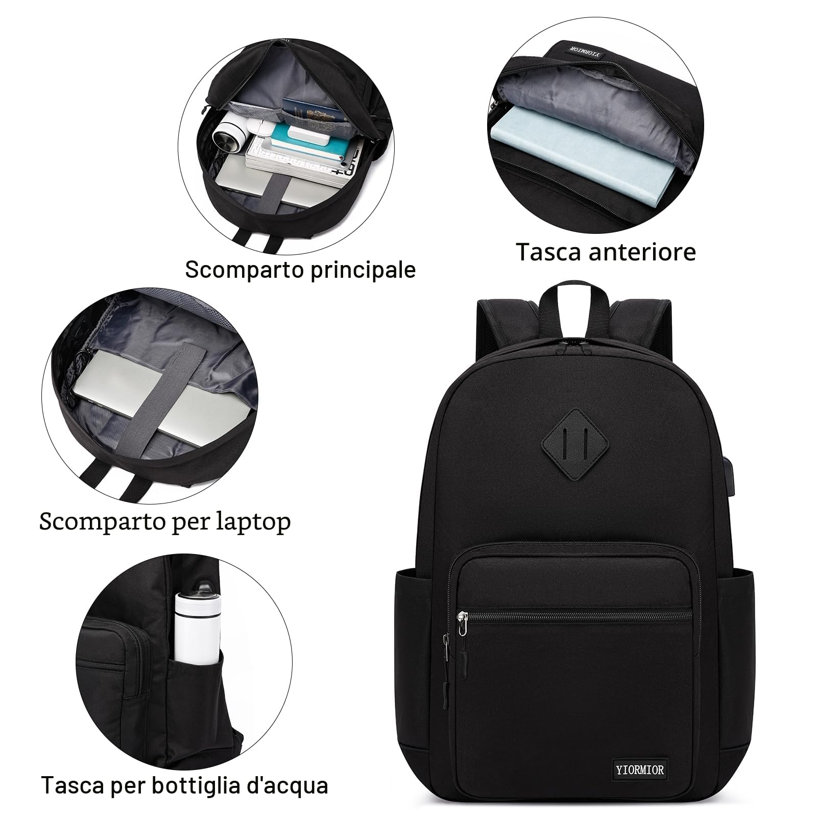Zaino Scuola Superiore Media università Donna Uomo, Zaino Porta Pc Uomo con Porta USB Impermeabile