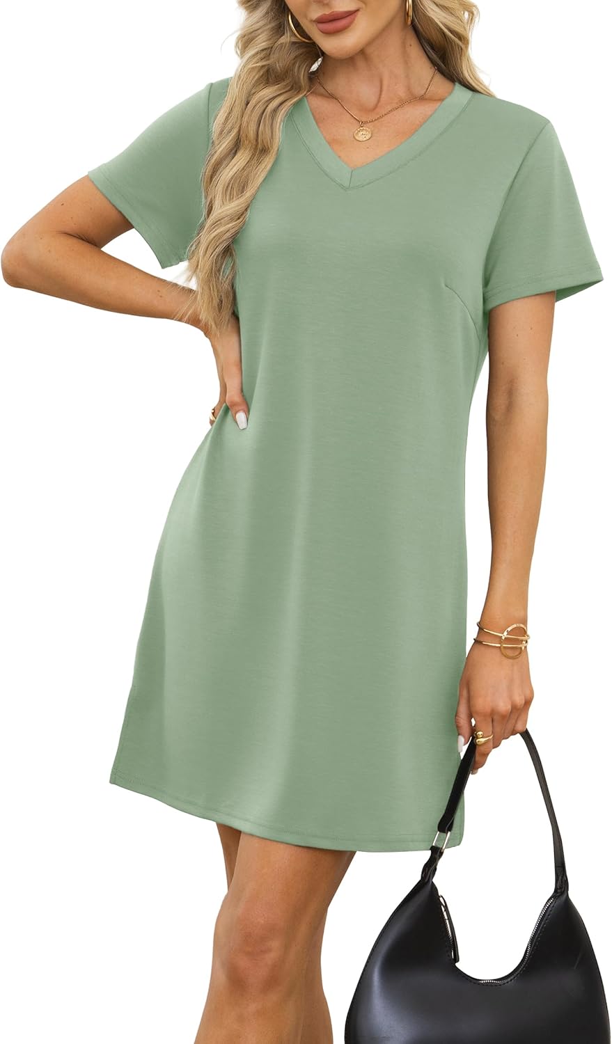 RUMIA Summer Casual Dresses for Women 2025 Mini Vacation Dress V-Neck Short Sleeve Split Hem Beach Sundress(Sage M) - Image 3