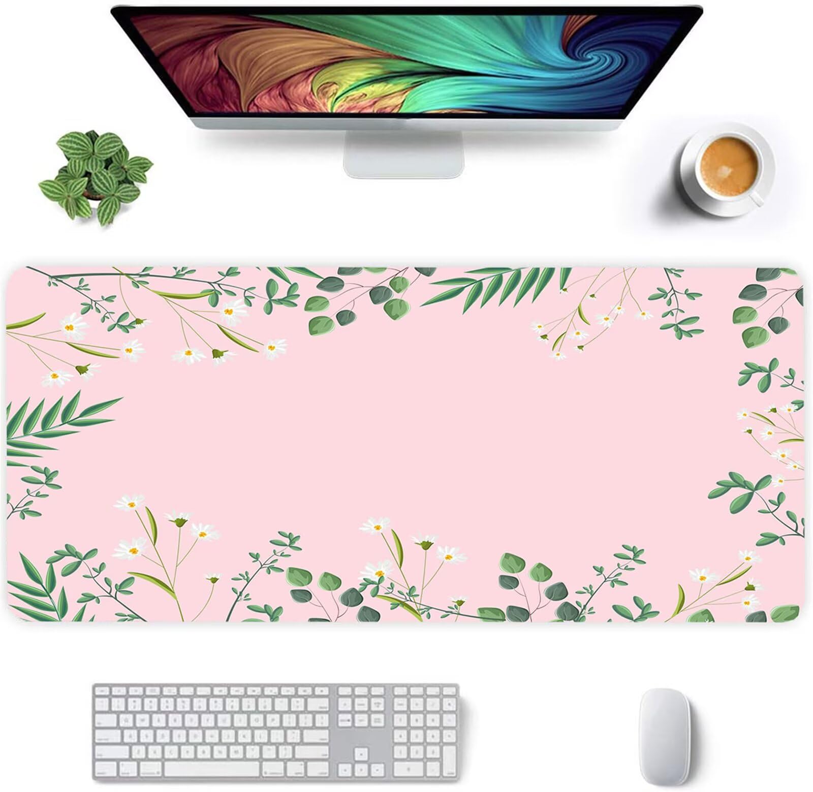 Alfombrilla Ratón XXL 1200x600x3mm Mouse Pad Grande Gaming,Alfombrilla Antideslizante,Tapete Escritorio con Bordes Cosidos,Alfombrilla Ratón para Jugadores, PC, Oficina, Hojas Verdes Rosadas