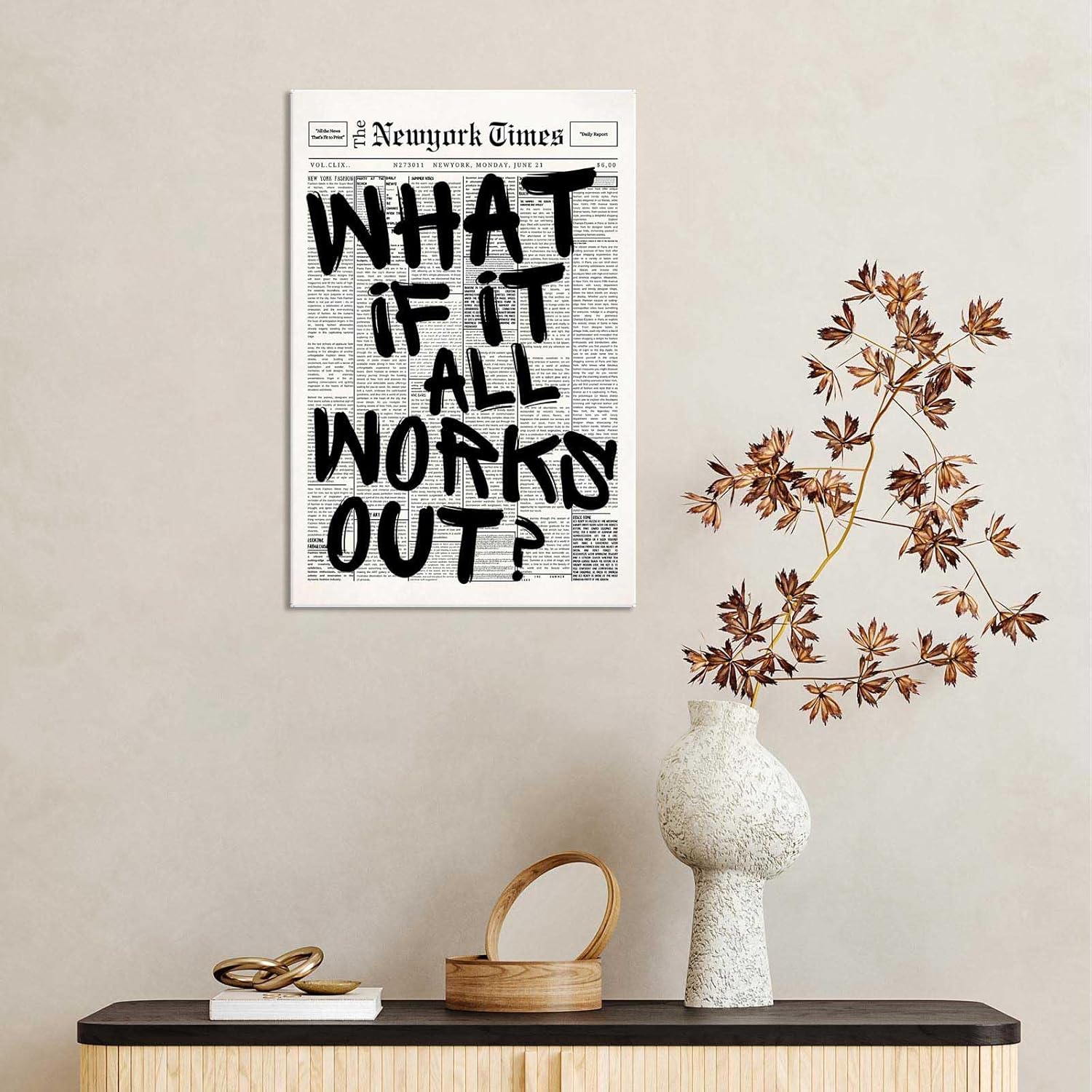 Drimiler Retro Black And White Newspaper Poster What If It All Works Out Canvas Wall Art Positive Affirming Quote Minimalist Prints Painting For Home Bedroom Dorm Wall Decor 16x24in Wframed