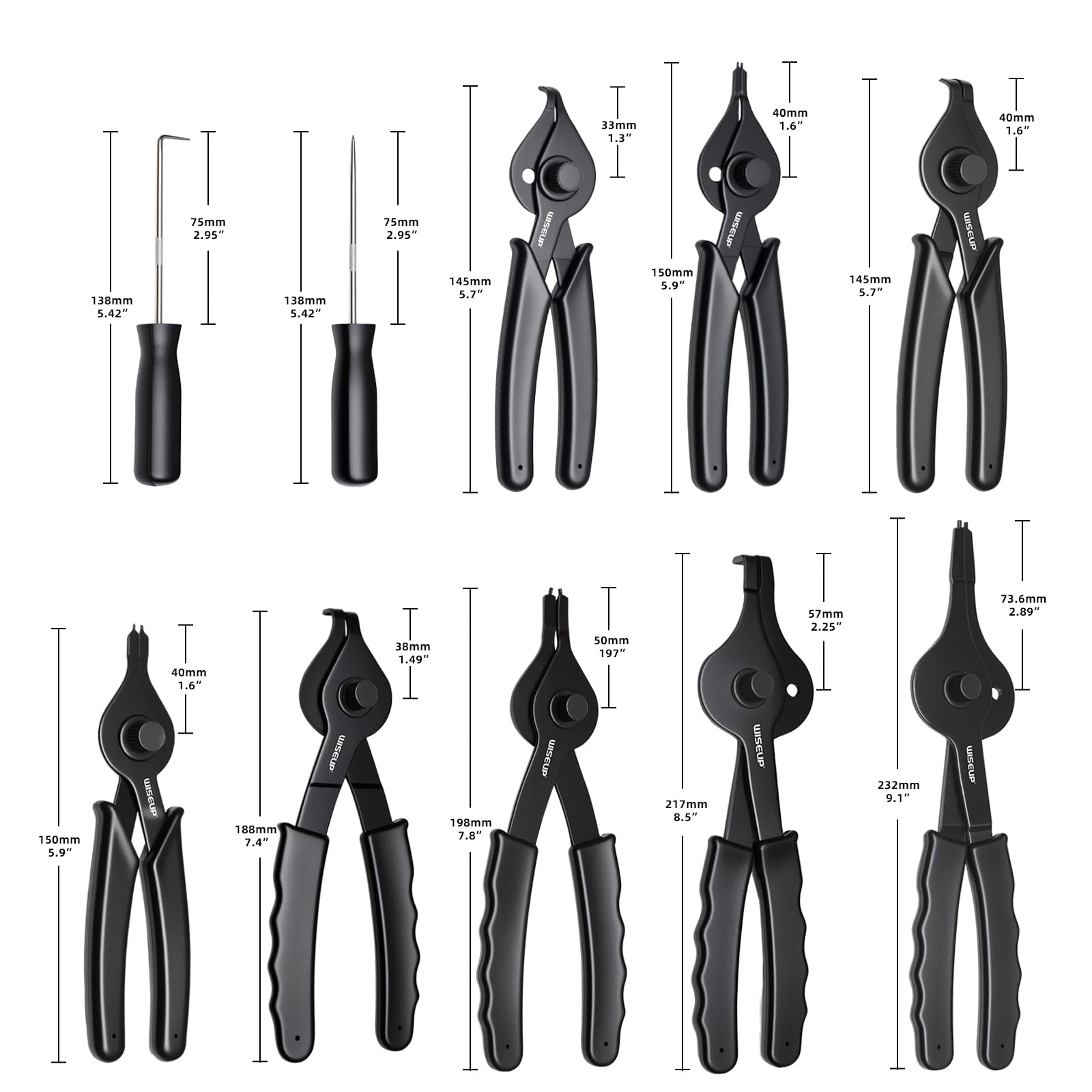 WISEUP Set di 10 pinze per anelli elastici, resistenti, kit di pinze per anelli interni/esterni, con pinze dritte piegate, punte dritte/piegate per rimozione anelli a C, con custodia