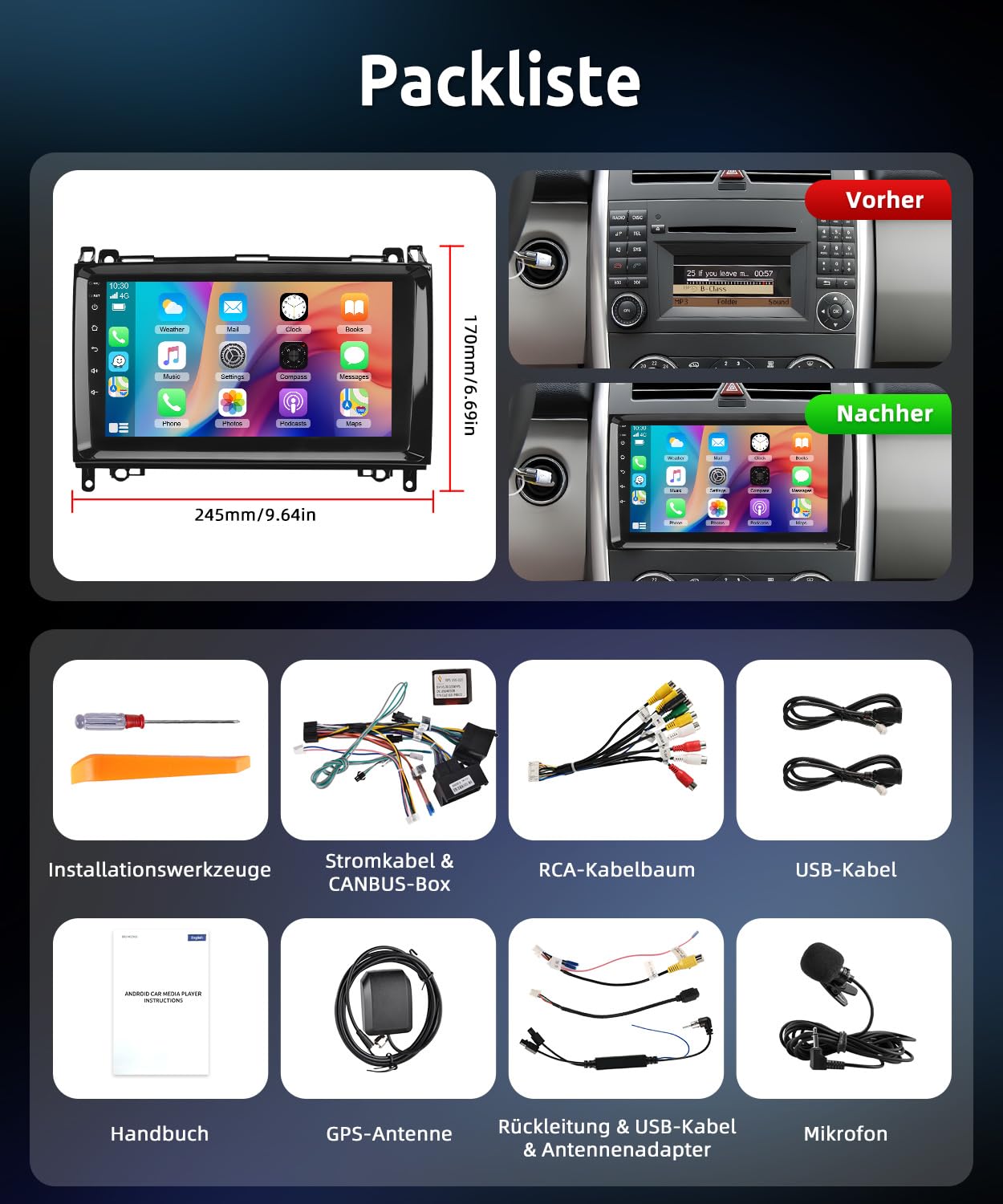 ESSGOO Autoradio für Mercedes W169 W245 W639 W906 2+64GB CarPlay | A-Klasse B-Klasse Vito Viano Sprinter 9 Zoll Android Auto GPS WLAN Bluetooth