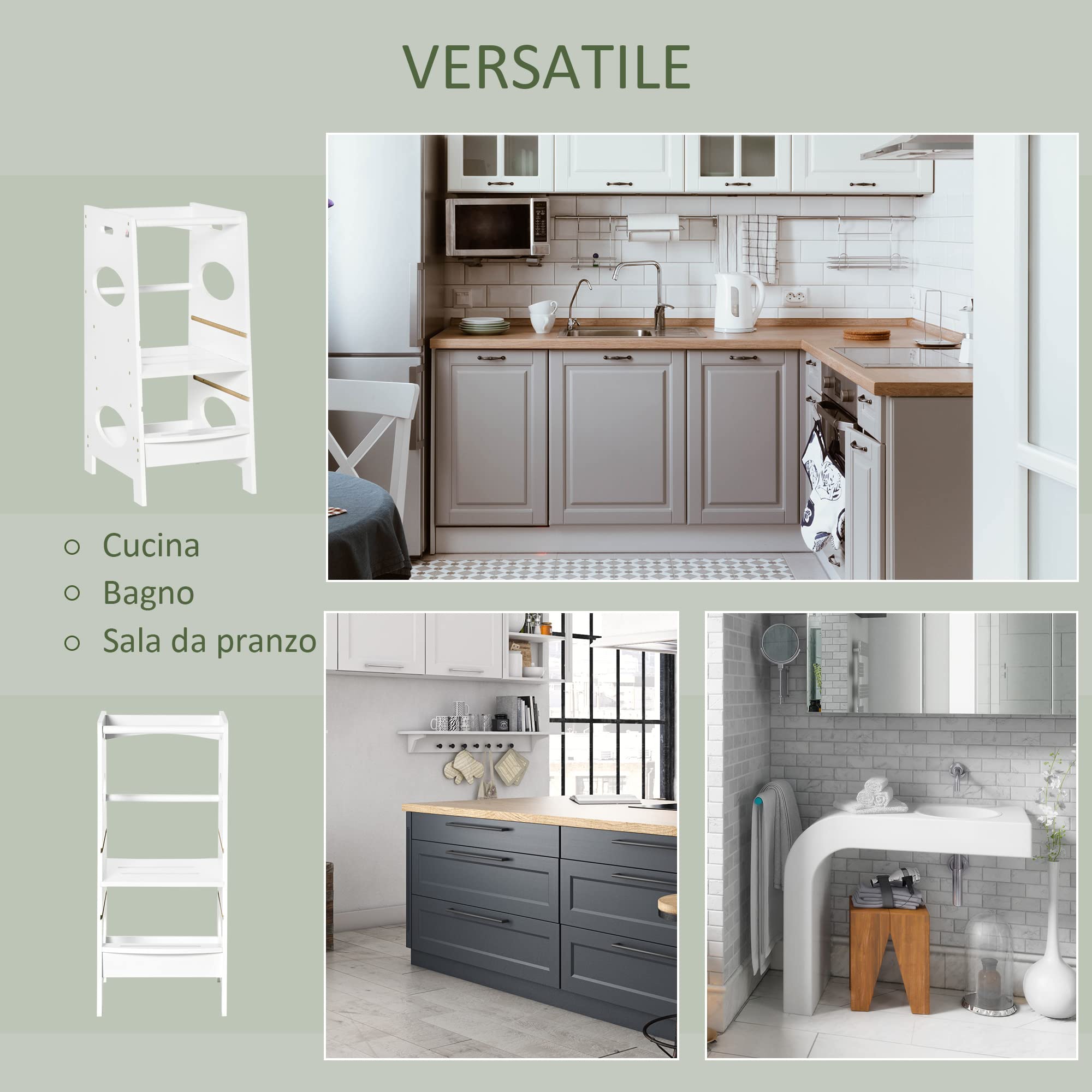 HOMCOM Torre Montessoriana Regolabile 3 Livelli, Torre Apprendimento Bambini Legno Bianco