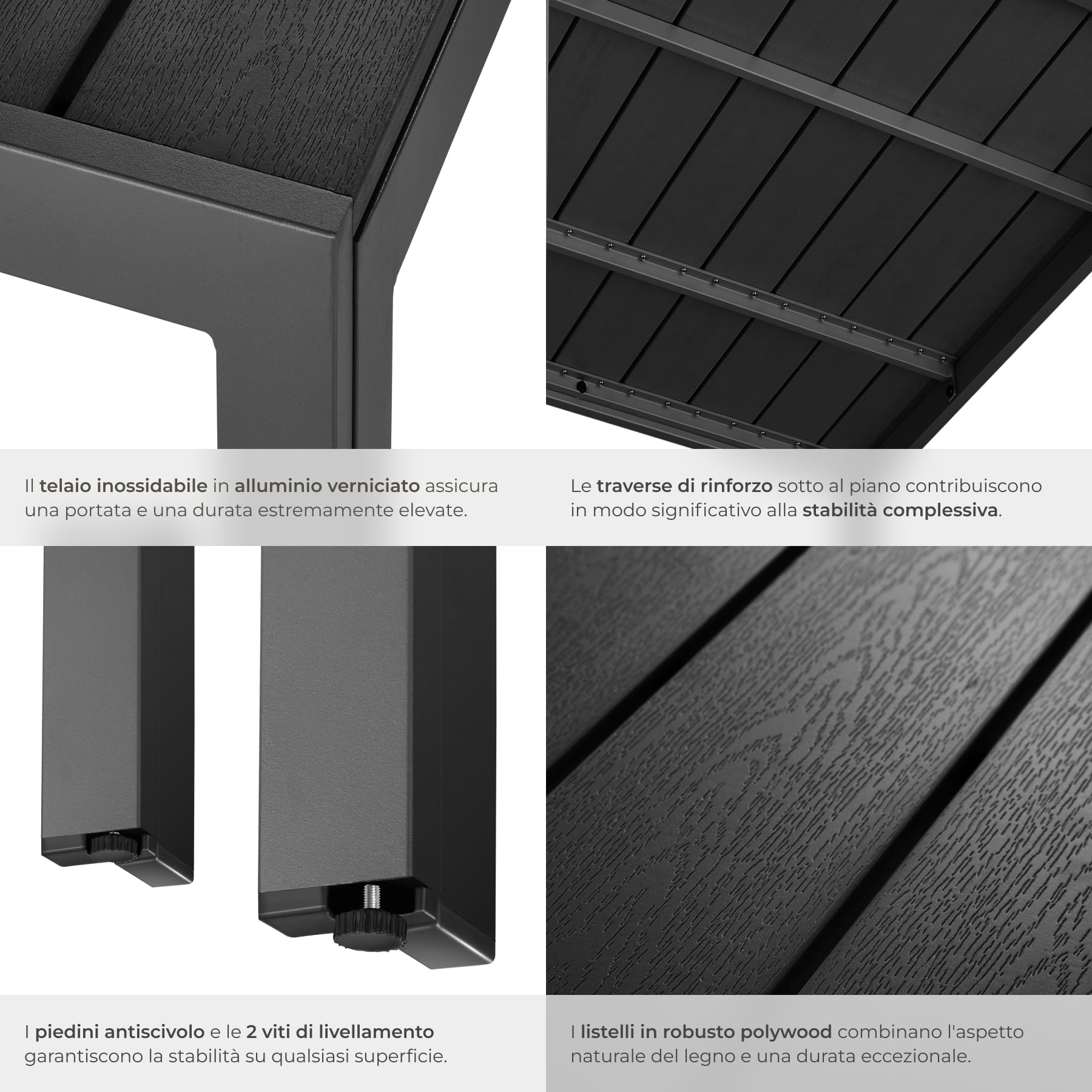 tectake®, Tavolo da Giardino in Alluminio, Tavolo da Esterno, Tavolino da Balcone, Effetto Legno, Regolabile, Resistente Intemperie, Ideale come Arredamento per Terrazzo, 90x90x74,5cm - nero