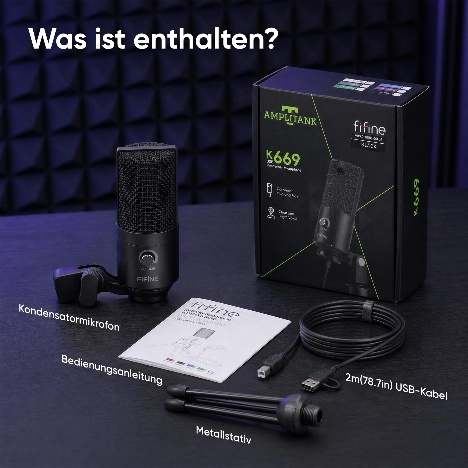 FIFINE USB Mikrofon PC Streaming, Podcast Microphone mit Ständer für MAC PS4 PS5, Kondensator Microfon für Studio Gaming - Schwarz