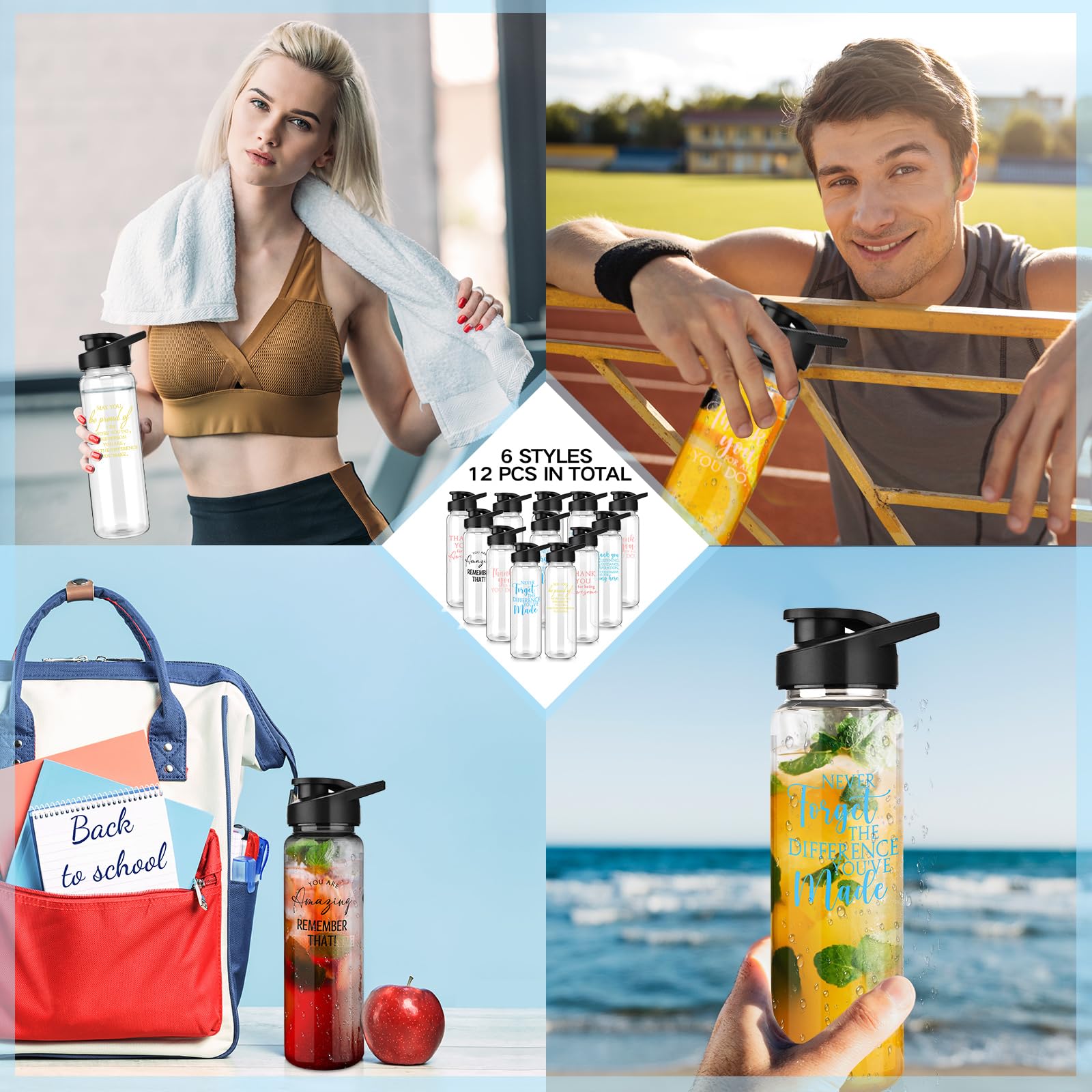 Inbagi Kunststoff-Wasserflaschen für Lehrer, Geschenk für Mitarbeiter, 680 ml, auslaufsicher, Sport-Wasserflaschen für Krankenschwestern, Kollegen, Team, Büroangestellte, 12 Stück