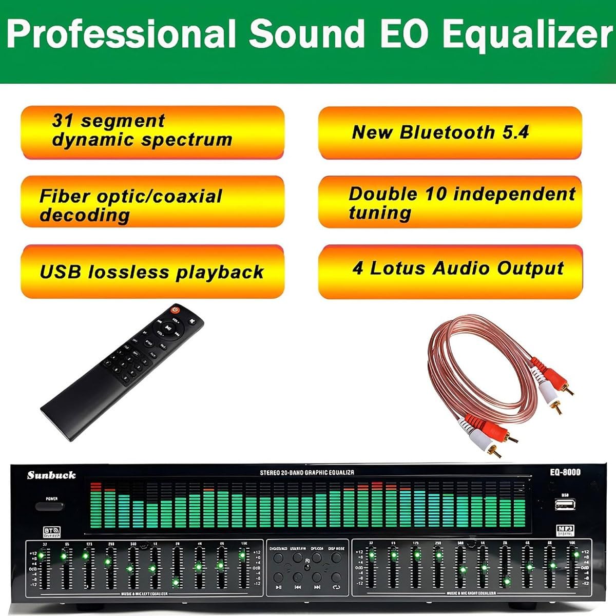 Ecualizador gráfico Digital de 31 Bandas, analizador de Espectro Musical, Ecualizador gráfico estéreo con reducción de Ruido y 12 Patrones de Ritmo, Ecualizador de sintonización EQ de Alta fidelidad