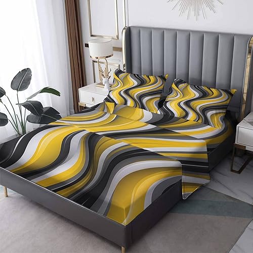 Miniatura 15 de Juego de sábanas retro de tamaño California King, sábanas onduladas modernas de mediados de siglo, microfibra suave y bolsillo profundo, juego de