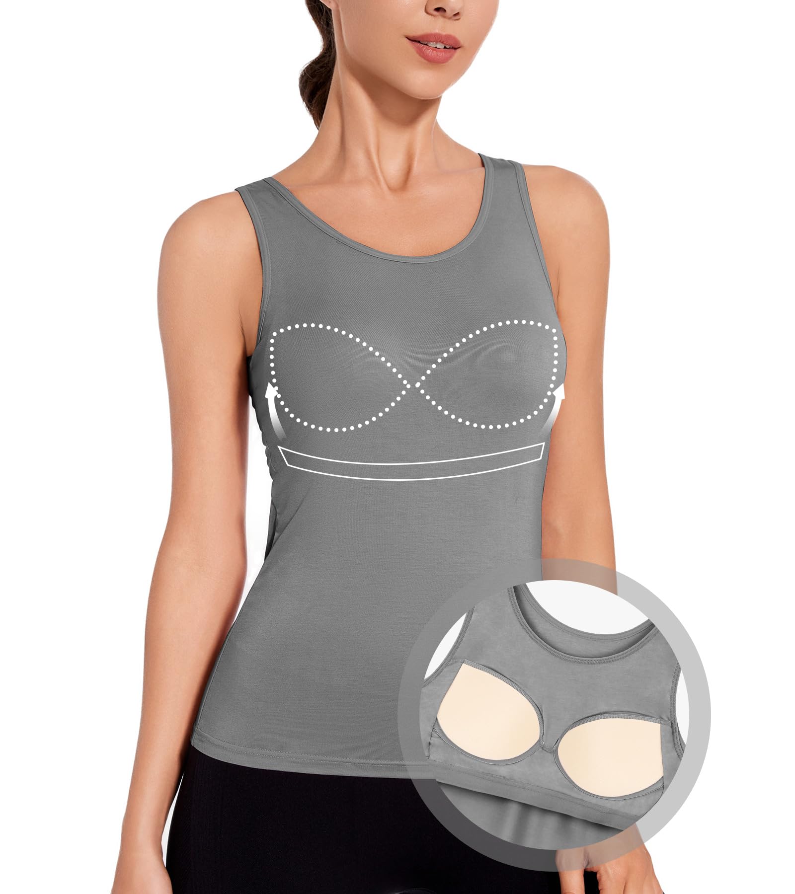 ANYFITTING Damen Unterhemd mit Integriertem BH Tank Top ärmellose Shirts Basic U-Ausschnitt Eingebauter BH Bügelloser Gepolstert Tank Tops Sommer Yoga S-3XL