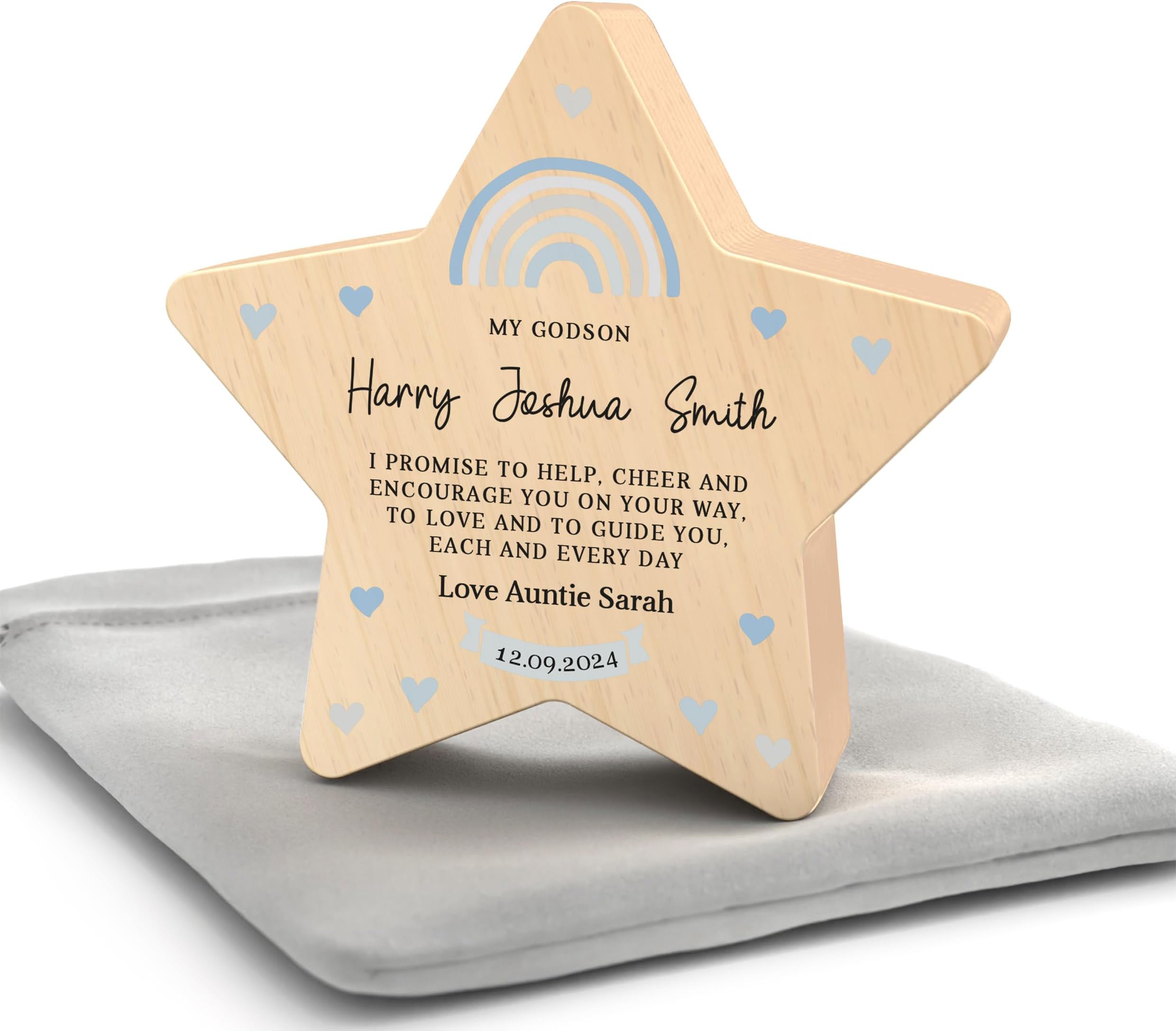 Beecreative Godson Christening Gifts, Personalised Christening Day Gift For Godson, Christening Gifts From Godparent Godmother Godfather, Wooden Star With Grey Bag