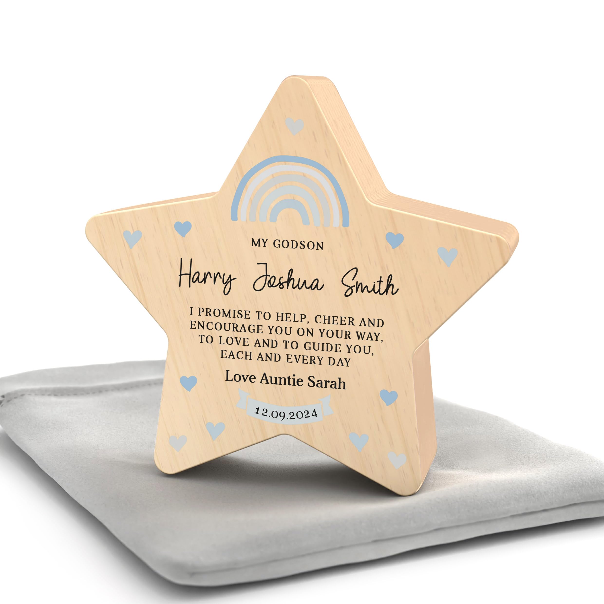 Beecreative Godson Christening Gifts, Personalised Christening Day Gift For Godson, Christening Gifts From Godparent Godmother Godfather, Wooden Star With Grey Bag