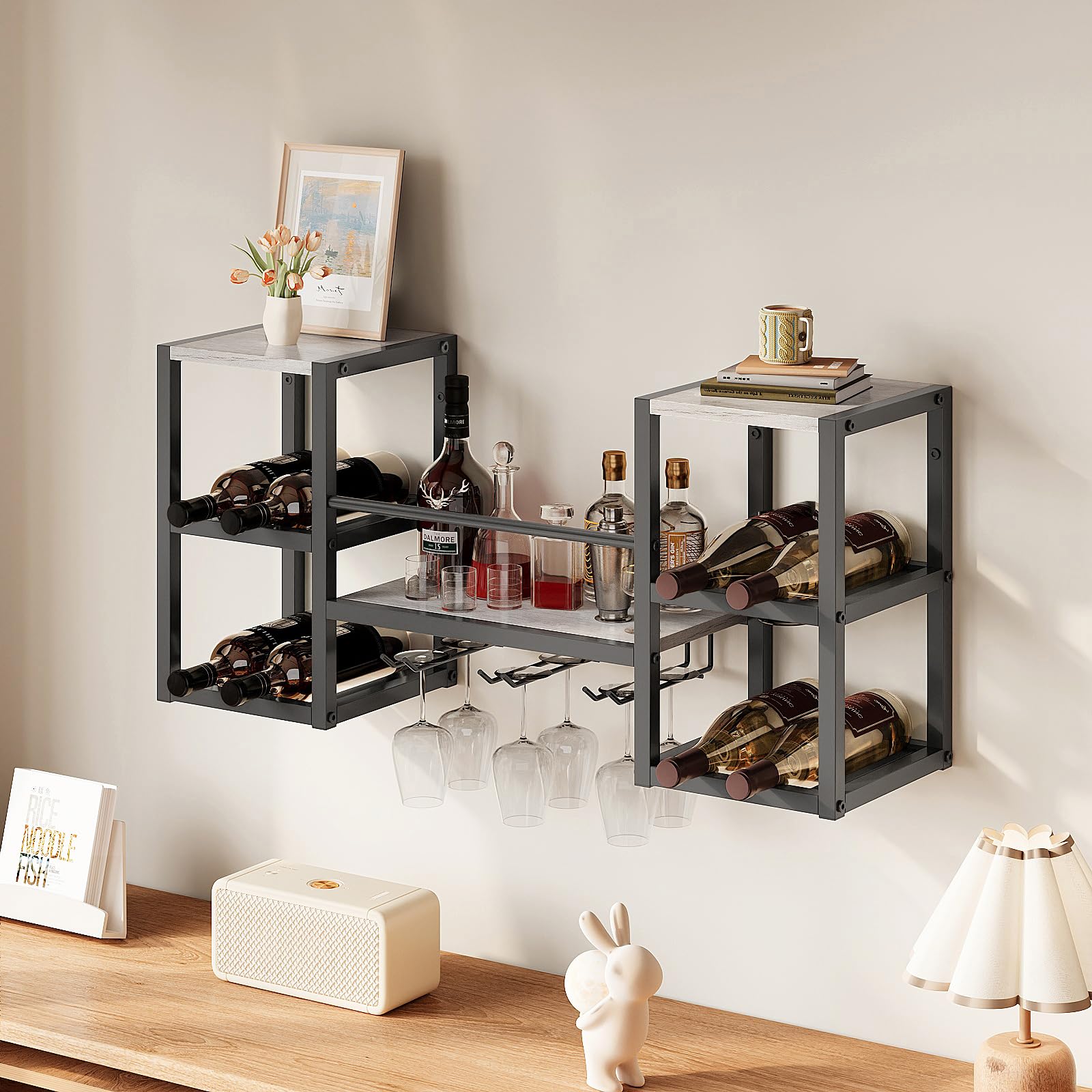 VEDECASA Portabottiglie a Parete, 3 Livelli Portabottiglie a Parete con 6 Supporti per Bicchieri, Supporto per Espositore di Vino a Parete, Portabottiglie Multifunzionale a Parete per Bar, Cucina