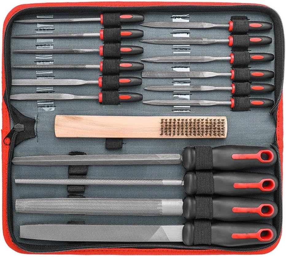 Engineer Hand File Set – 4-Piece 8-inch Double-Cut Metal Files (Flat, Triangle, Half-Round, Round) + 12-Piece 5.5-inch Needle Files for Metal, Wood, Plastic, Ceramic & Leather
