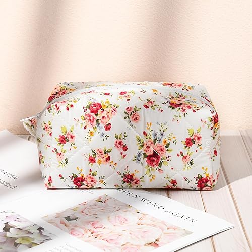 Miniatura 7 de Bolsa de maquillaje floral acolchada para cosméticos, bolsa de maquillaje de coqueta inflada, bolsa de maquillaje estética grande de viaje,