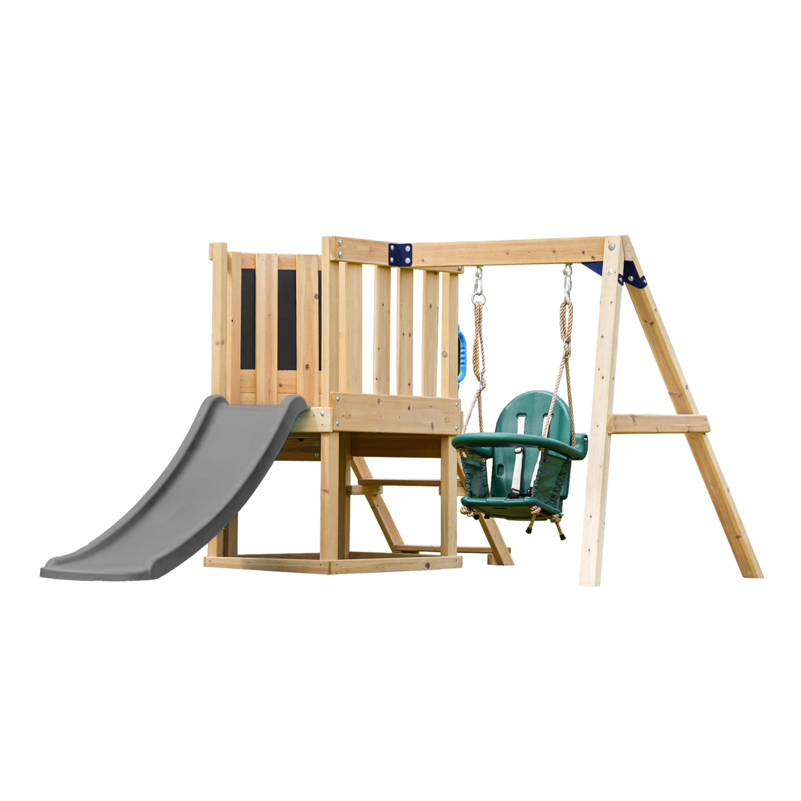 AXI Timo Mini Area de Juegos de Madera - Tobogan Gris | Casita Infantil con Columpio para Bebes, Pared de Escalada y Pizarra de Tiza | Estructura de Juegos sobre Postes para el Jardin.