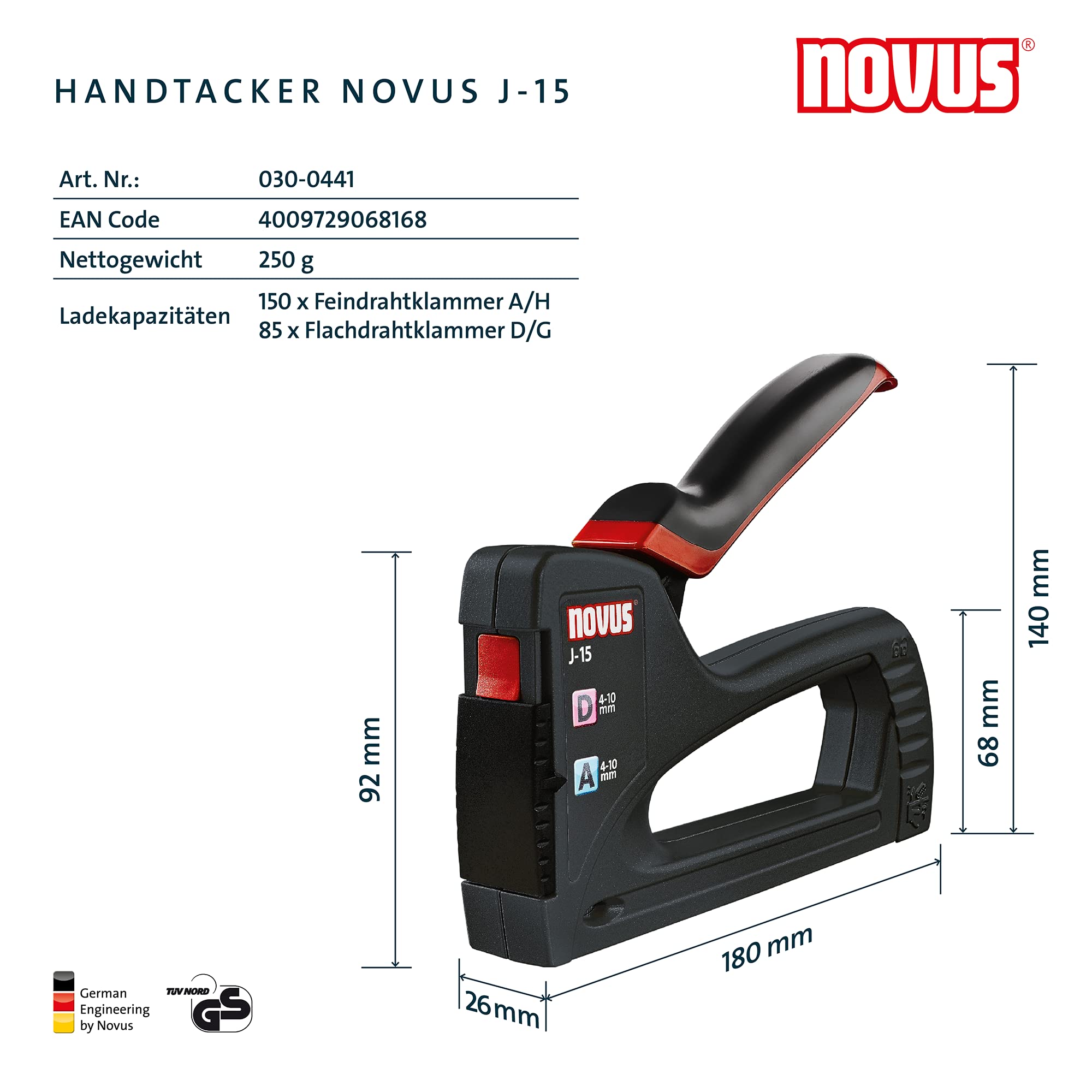 Novus Handtacker J-15, leichter Allzweck-Tacker, Werkzeugtacker für Klammern 4-10 mm, schnelles Nachladen, Softgrip, Schwarz