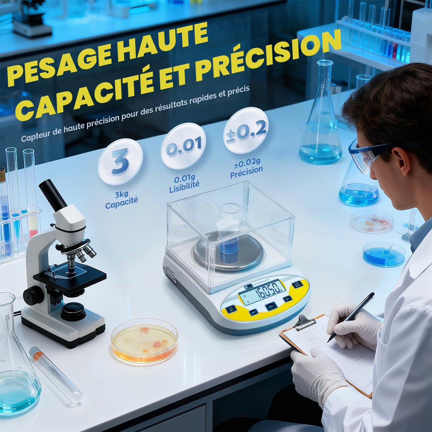 CGOLDENWALL 3000g x 0,01g Balance Analytique Laboratoire avec Pare-Vent | Balance Haute Précision, Tare/Comptage/13 Unités, Plateau Inox Ø12cm, pour Laboratoire, Bijouterie, Industrie, Éducation