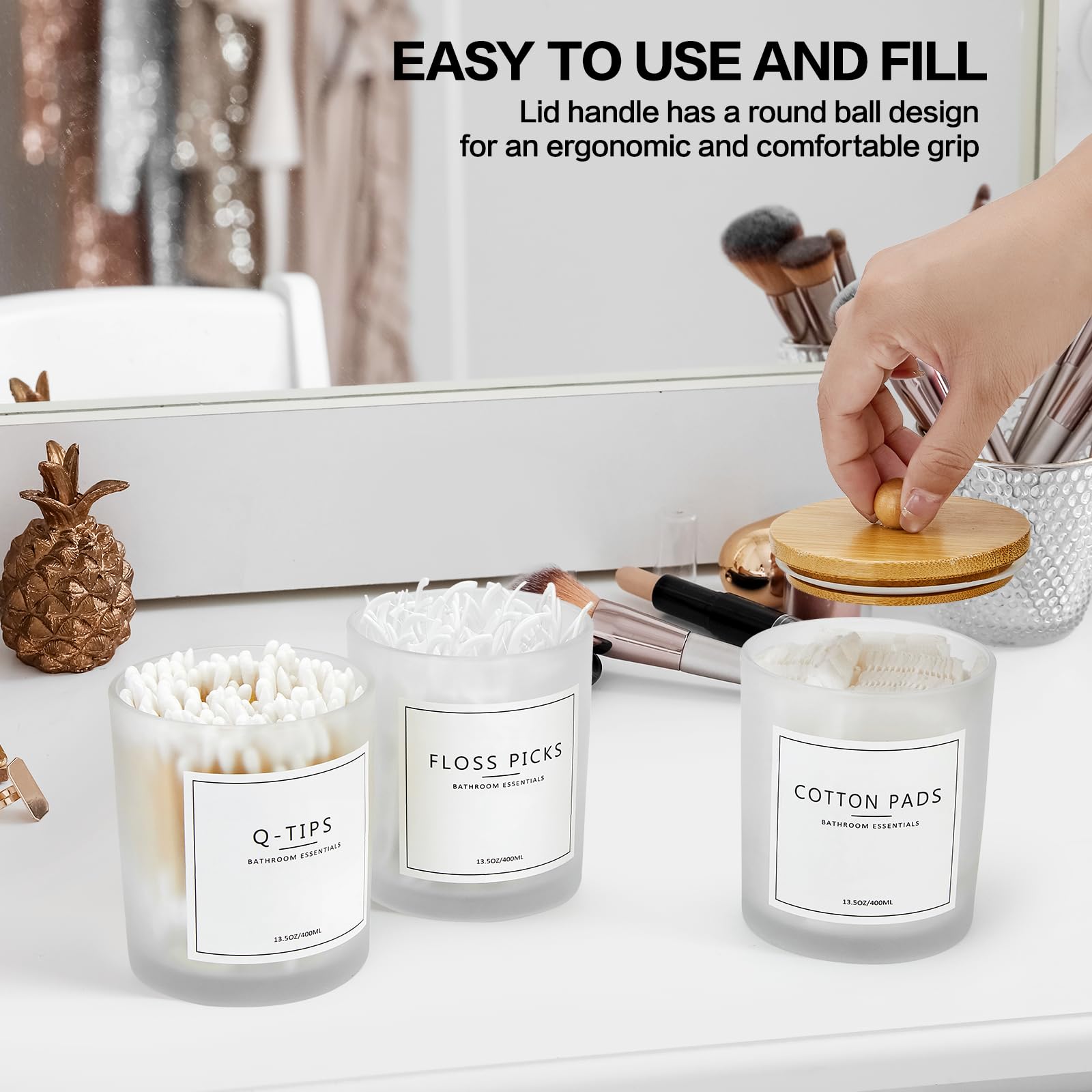 Qtip Halter Badezimmer-Set mit Tablett, 383 ml, Baumwolle, runder Ball-Pad-Halter, Wattestäbchen-Spender, Glas-Apothekergläser mit Deckel, Badezimmer-Organizer und Aufbewahrungsbehälter, 3 Stück