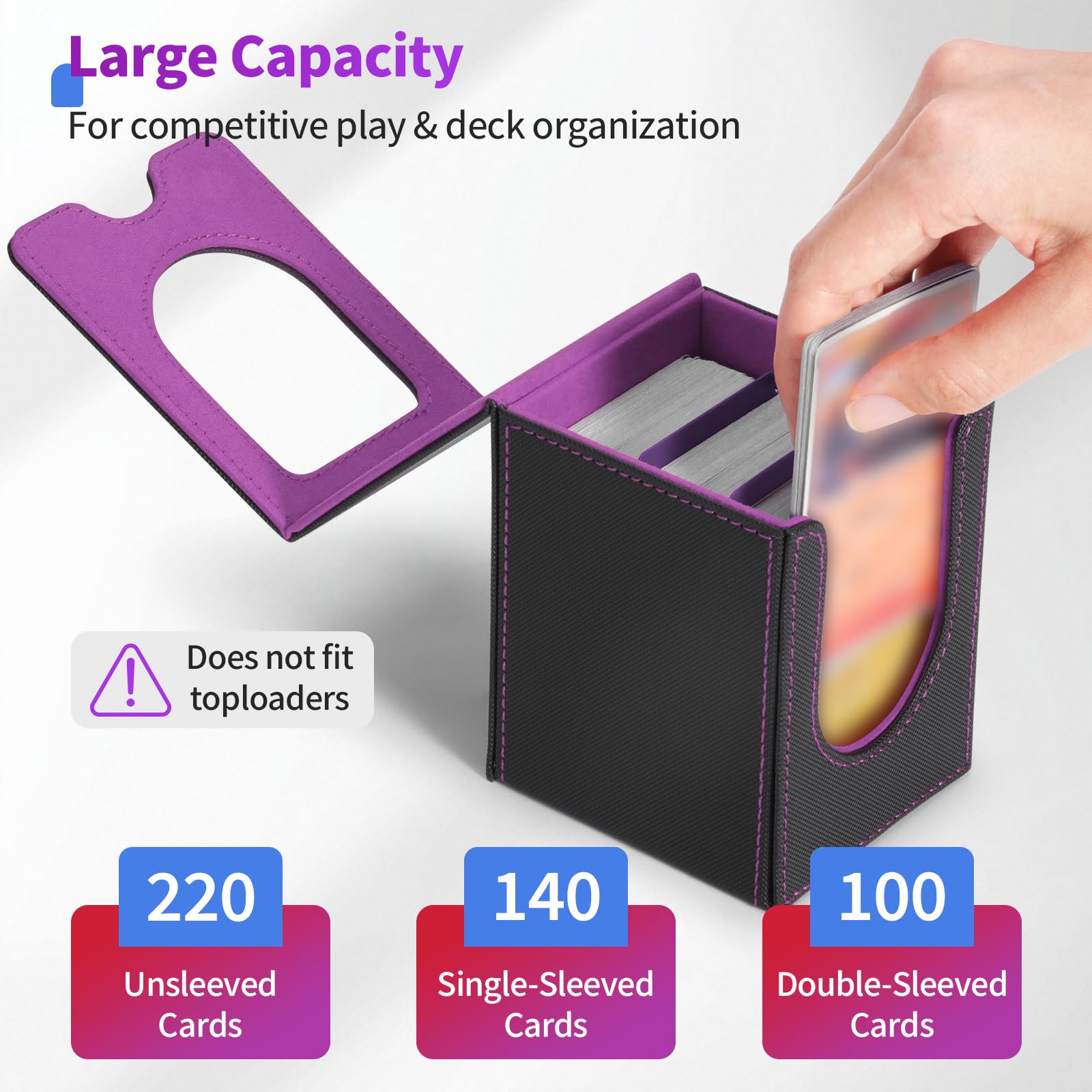 Euqvunn TCG Deck Box avec fenêtre d'affichage, peut contenir jusqu'à 130 cartes à pochettes simples, 2 séparateurs pour rangement facile, idéale pour l'exposition et le transport (Noir Violet - 2