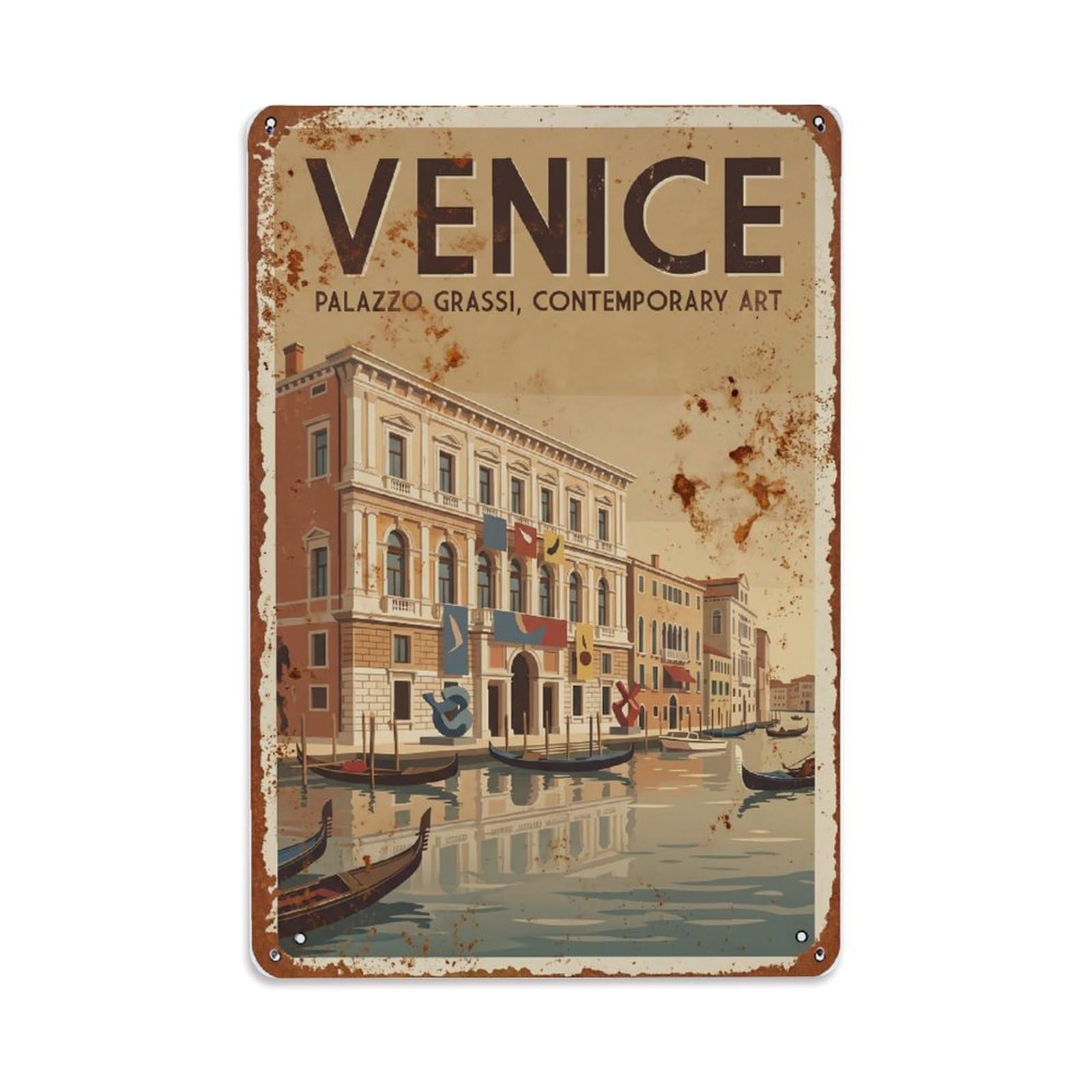 Vintage Travel Venice Palazzo Grassi Contemporary Art Museum Rusted Italy Metal Tin Sign Plaque Wall Decor for Cafe, Club Bar, Office, Home Garden Metal Poster 8x12Inch