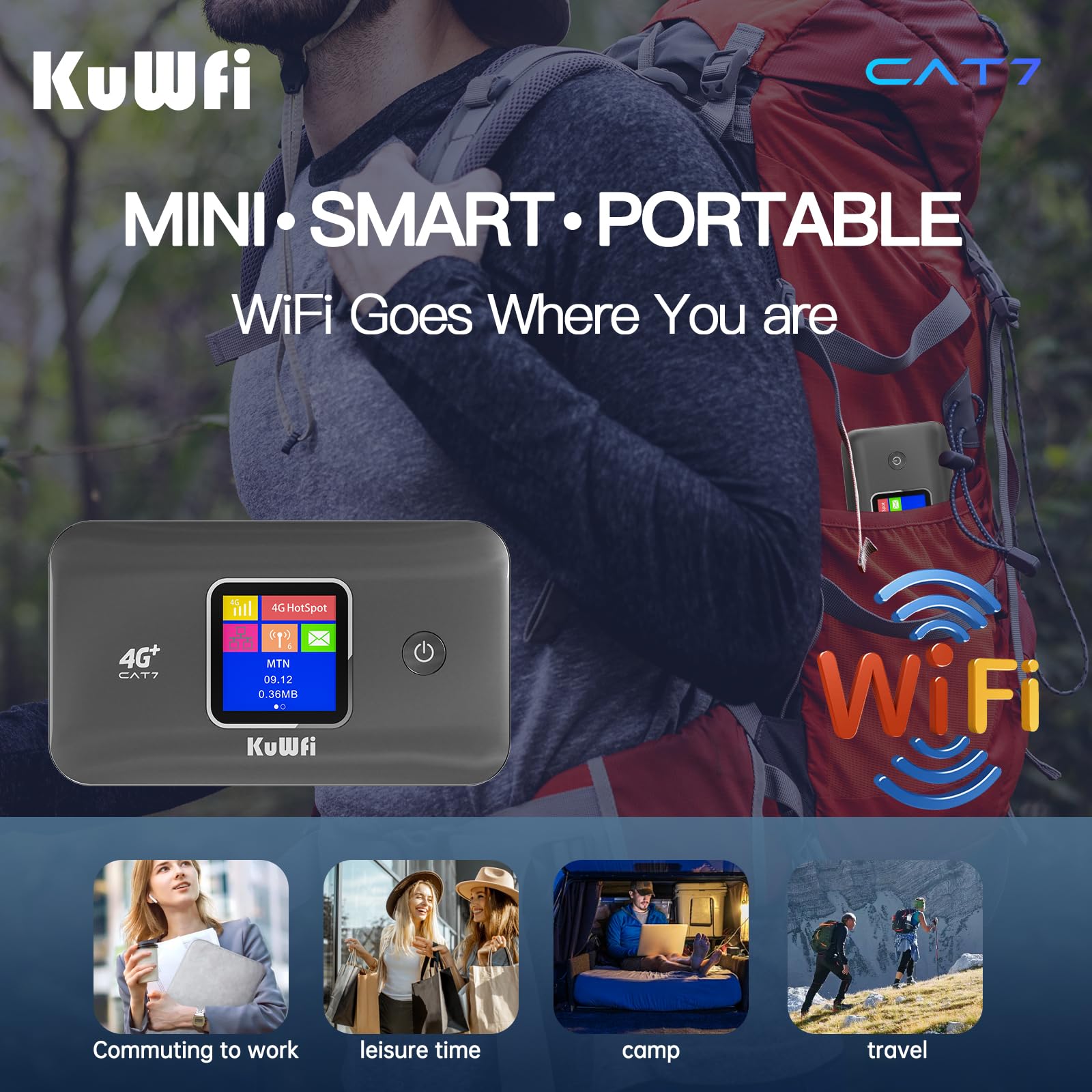 KuWFi Router WiFi 4G CAT7, 300Mbps, Dual Band, SIM, 3000mAh