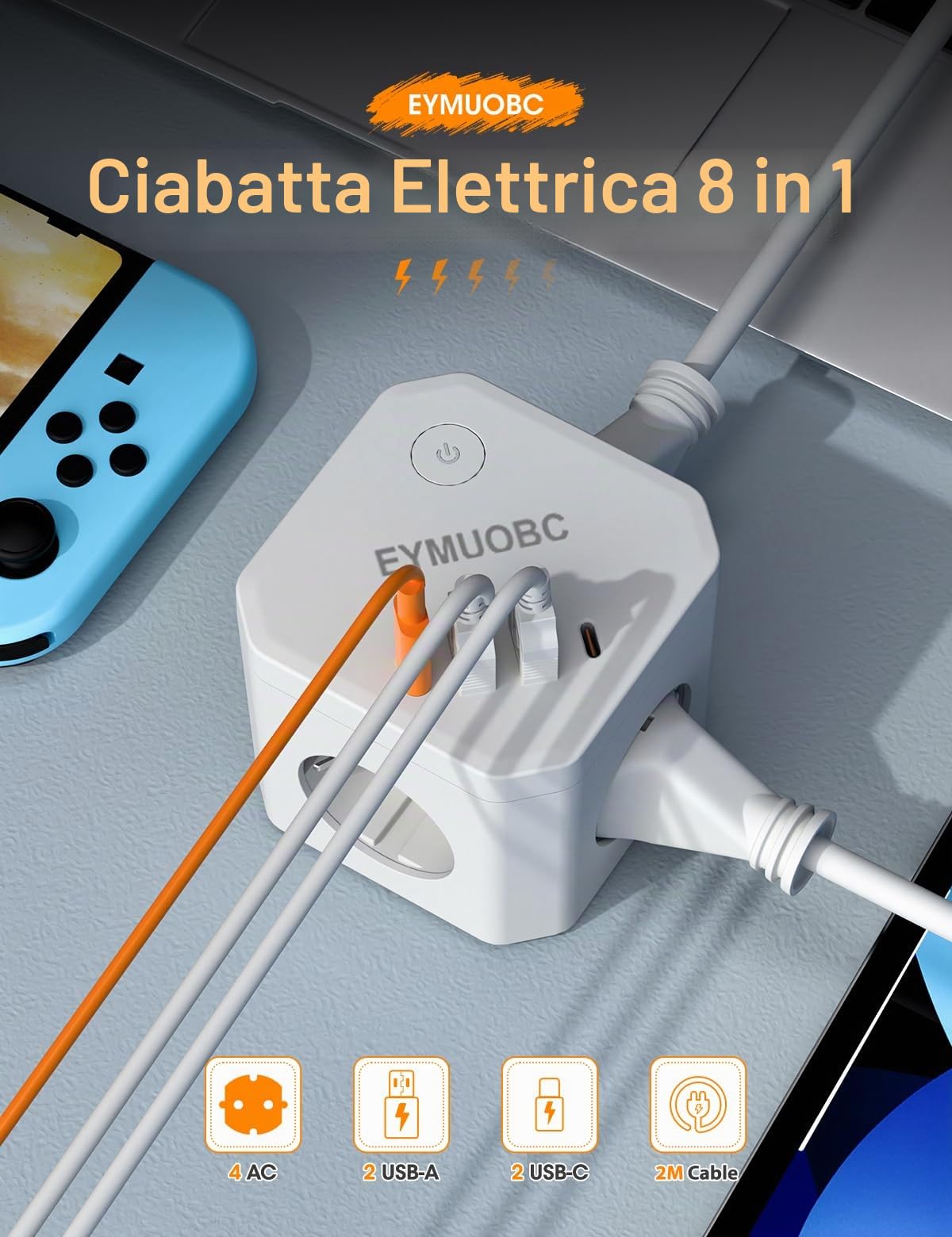 Ciabatta Elettrica 8-in-1 con USB-C Ricarica Rapida 20W e Protezione Sovratensioni, 4 Prese con Interruttore, 3680W, Cavo Prolunga 2m, Per Casa, Ufficio e Viaggi