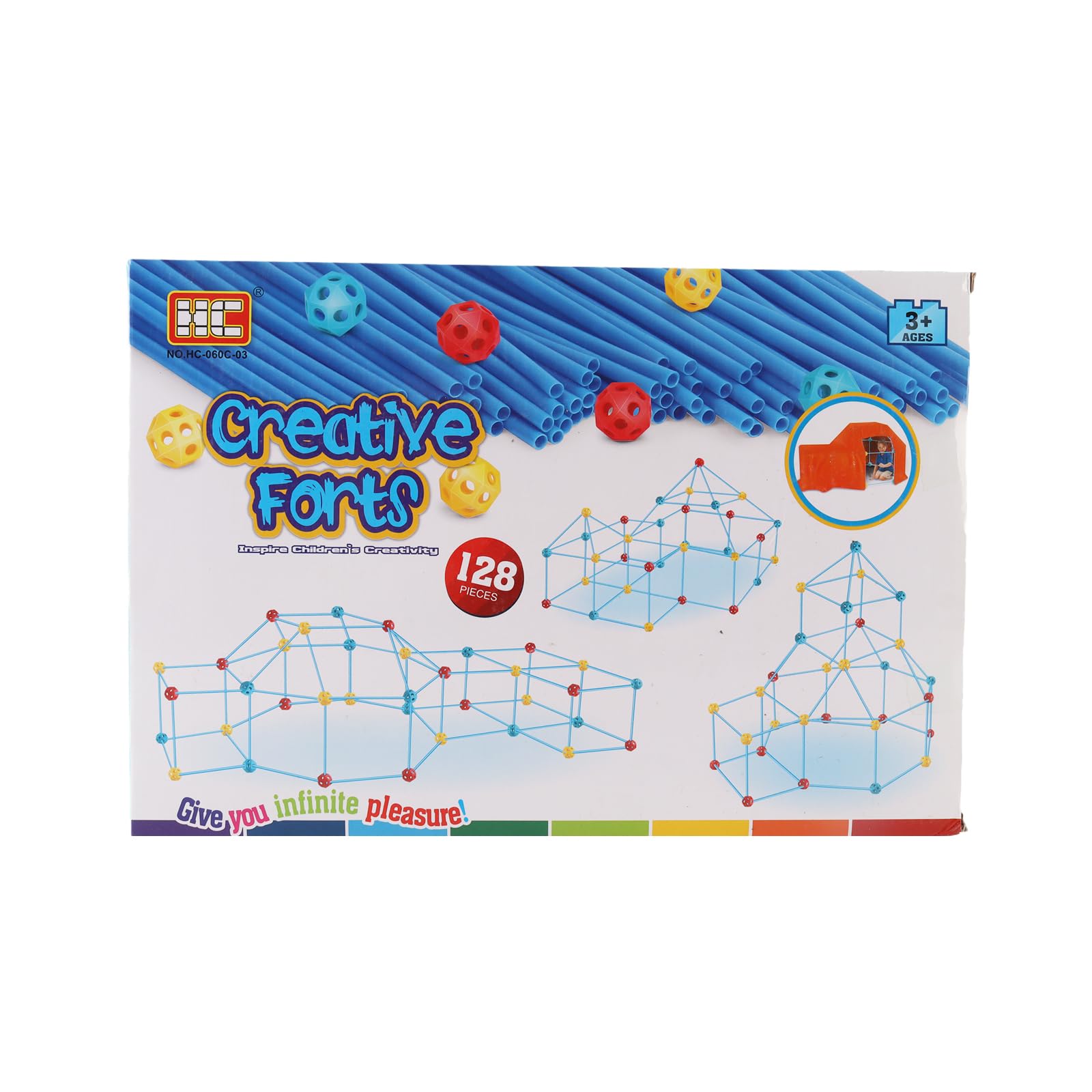 Creative Fort Building Kit, 128 Pieces Construction Set with Cover, 80 Straw Pcs DIY STEM Toy for Ages 3+