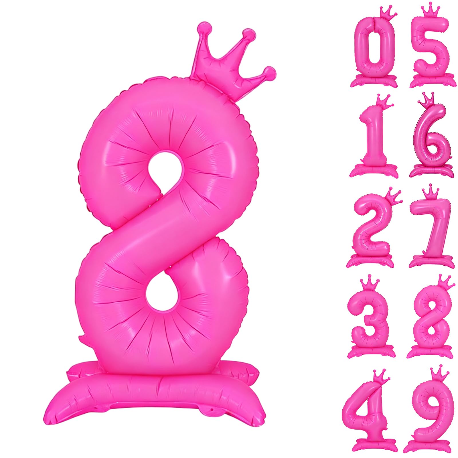 Fluorescent Pink Standing Number 8 Balloon 42 Inch Fluorescent Rose Pink Crown Balloons 0-9 Giant Foil Number 8 Balloon with Crown Birthday Party Decorations Supplies