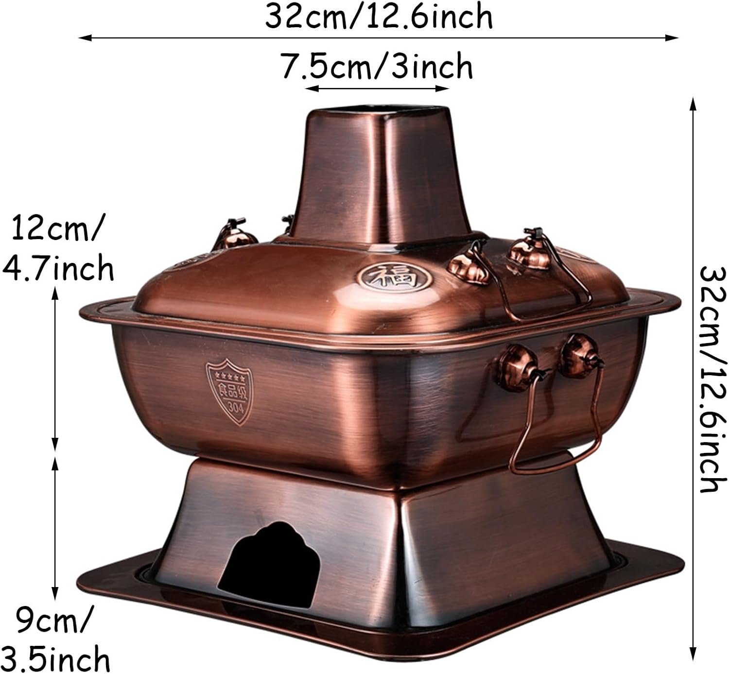 Charcoal Copper Hotpot, Outdoor Shabu Hot Pot with Lid, Old Beijing Commercial Thick Cooking Pot, Split Design Easy to Clean Square Cookware for Camping Home Use,Brass,32cm/12.6inch